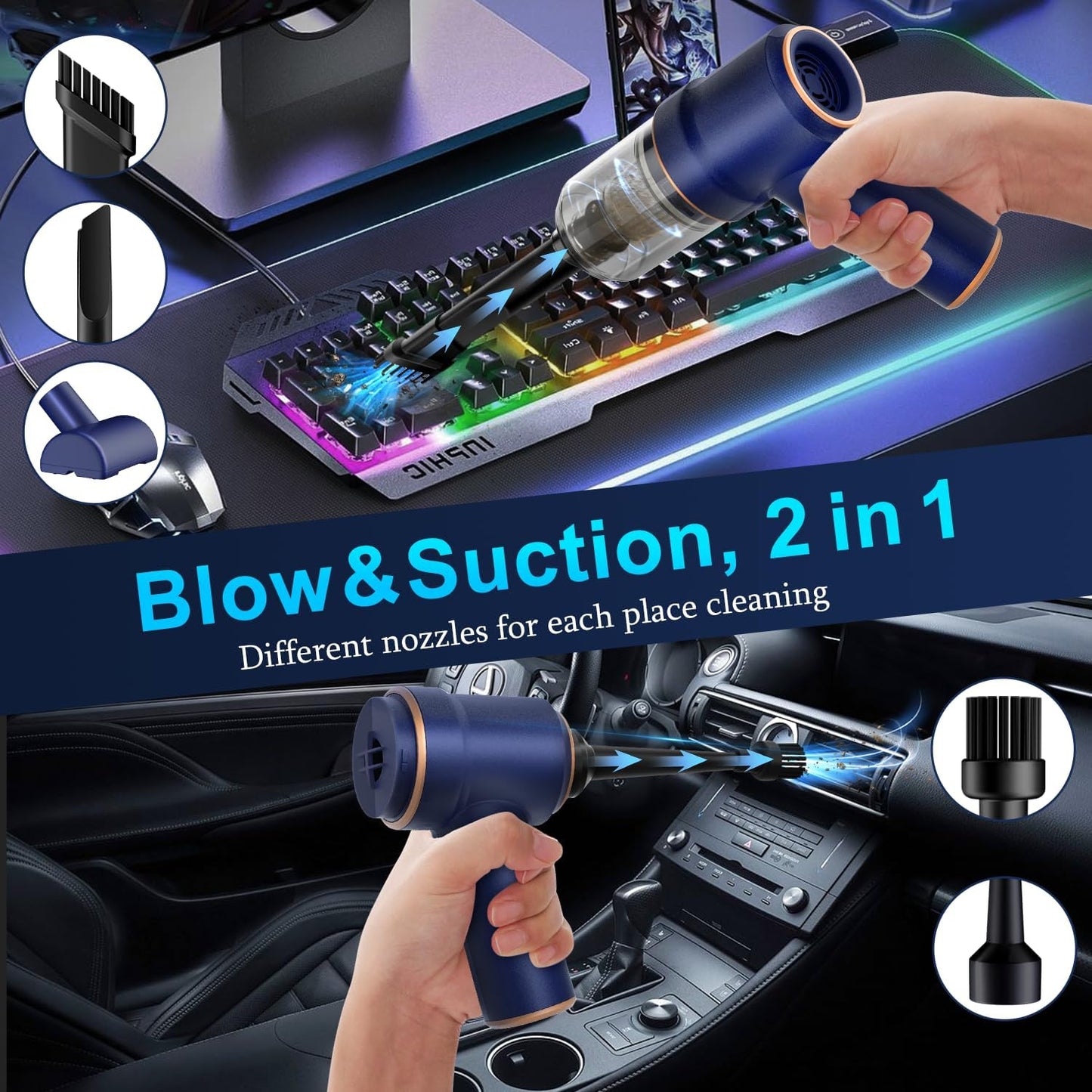 KMM Handheld Car Vacuum Cleaner, 9000Pa Vacuum Cleaner and Air Duster, 120W High Power Hand Held Vacuum with LED Light and Multi-Nozzles for Car, Home, Office, Pet