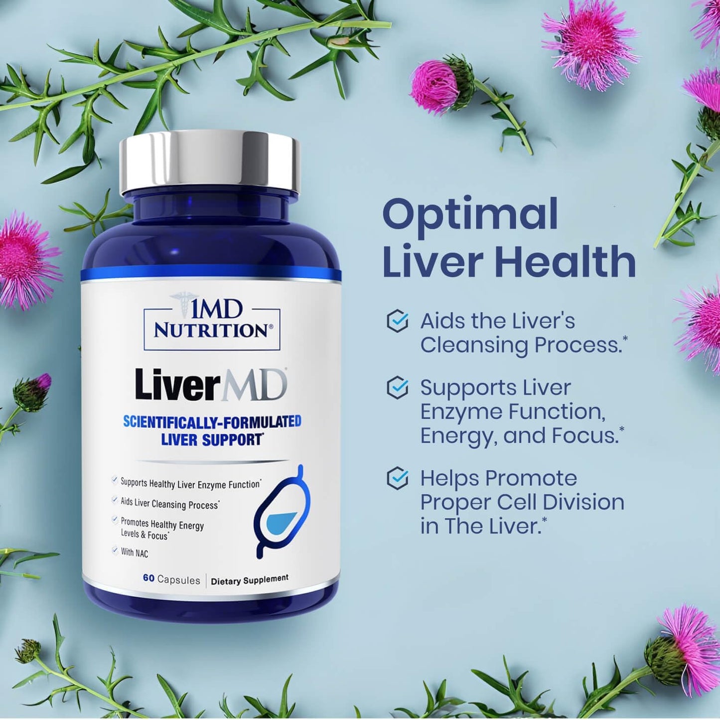 1MD Nutrition LiverMD - Liver Support Supplement | Siliphos Milk Thistle Extract & NAC - Supports Healthy Energy, Immunity & Overall Health - Liver Cleanse & Support | 60 Capsules