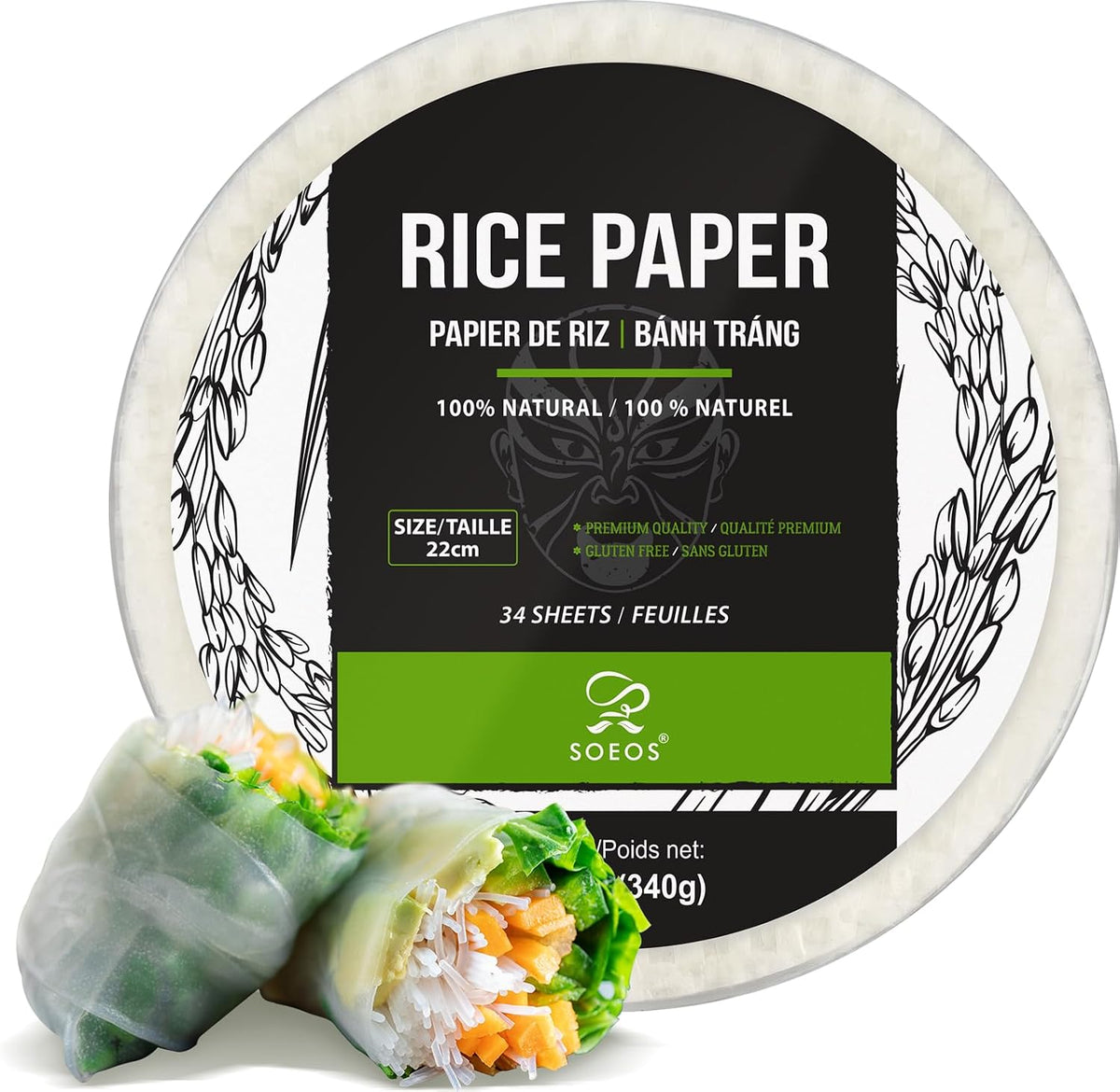 White Rice Paper Wrappers, 34 Sheets, Non-GMO, Gluten-Free, Low Carb, Vietnamese Rice Wraps