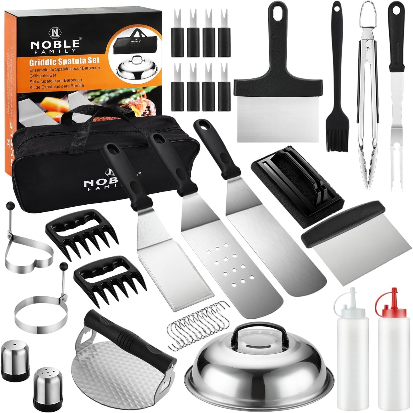 N NOBLE FAMILY 38PCS Griddle Accessories Kit, Professional Grill Tools Set for Outdoor Barbecue, Stainless Steel Griddle Spatula Set with Tongs, Smash Burger Press, Carry Bag, Perfect Grilling Gifts