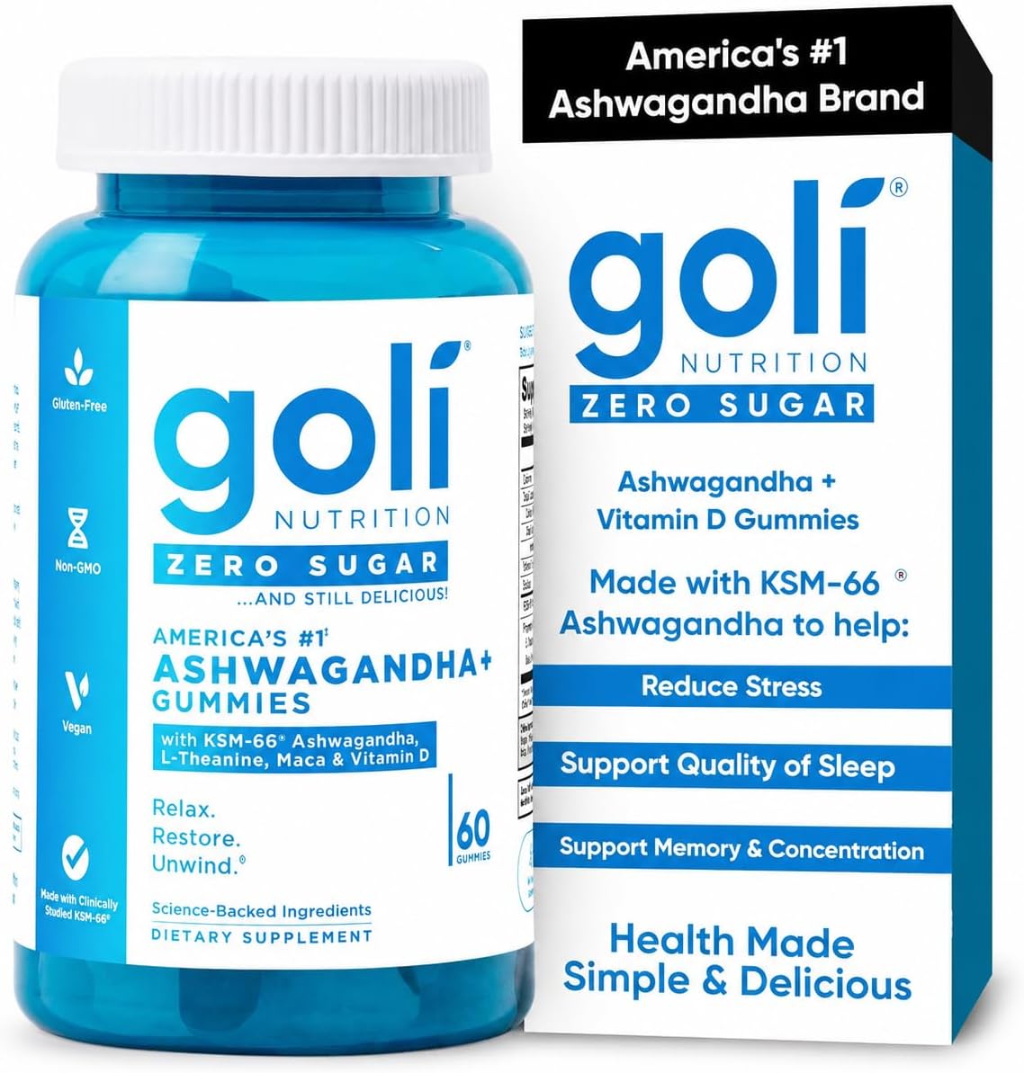 Goli Zero Sugar Ashwagandha Gummies with KSM-66, L-Theanine, Maca and Vitamin D - No Sugar Alcohols - Vegan, Keto-Friendly, Non-GMO