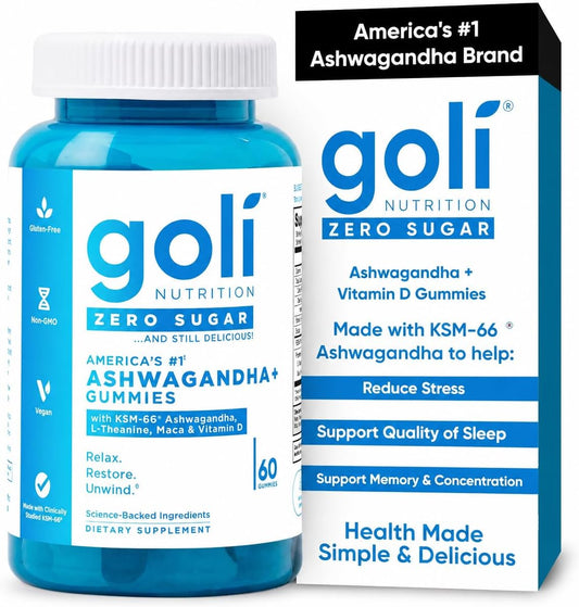 Goli Zero Sugar Ashwagandha Gummies with KSM-66, L-Theanine, Maca and Vitamin D - No Sugar Alcohols - Vegan, Keto-Friendly, Non-GMO