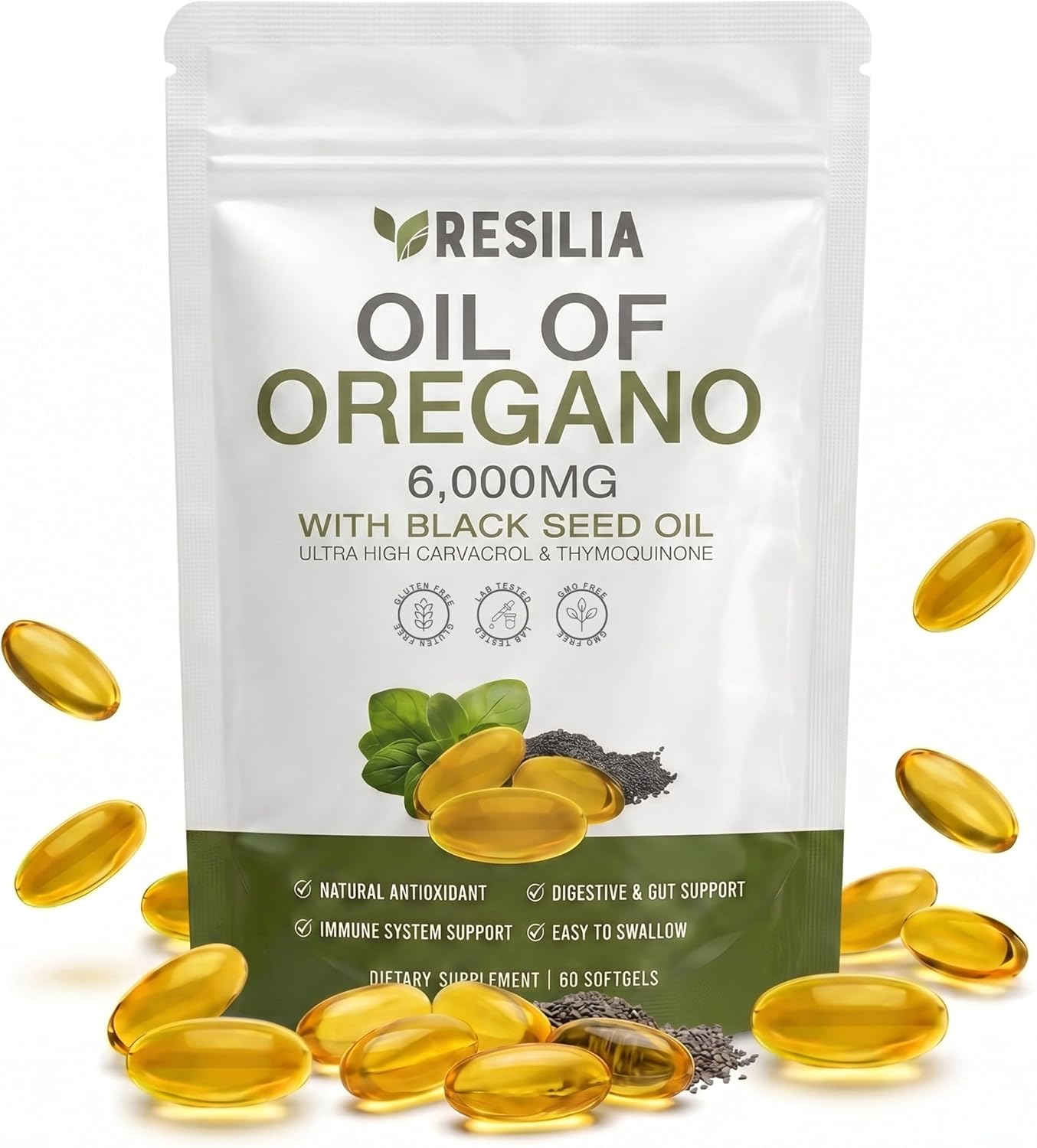 Resilia Softgels with Black Seed Oil 6000mg – Premium Grade Oregano Oil Capsules for Immune & Digestive Support – Non-GMO, Gluten-Free Softgels – Natural Herbal Wellness Supplement (60 Count)