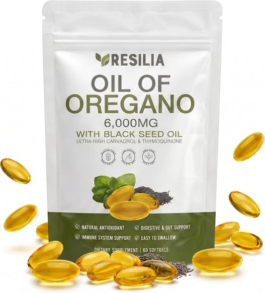 Resilia Softgels with Black Seed Oil 6000mg – Premium Grade Oregano Oil Capsules for Immune & Digestive Support – Non-GMO, Gluten-Free Softgels – Natural Herbal Wellness Supplement (60 Count)