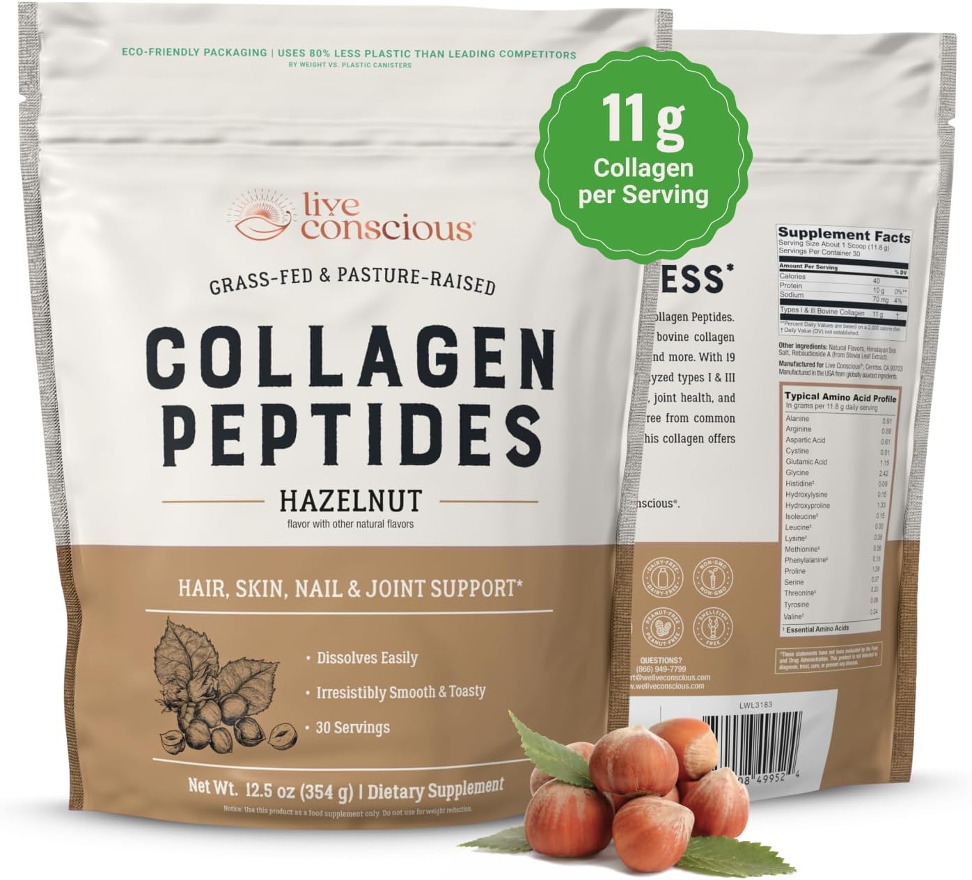 Live Conscious Collagen Peptides Powder - Chocolate Collagen Powder - Hair, Skin, Nail, and Joint Support - Type I & III Grass-Fed Collagen Supplements for Women and Men - 30 Servings - 15oz
