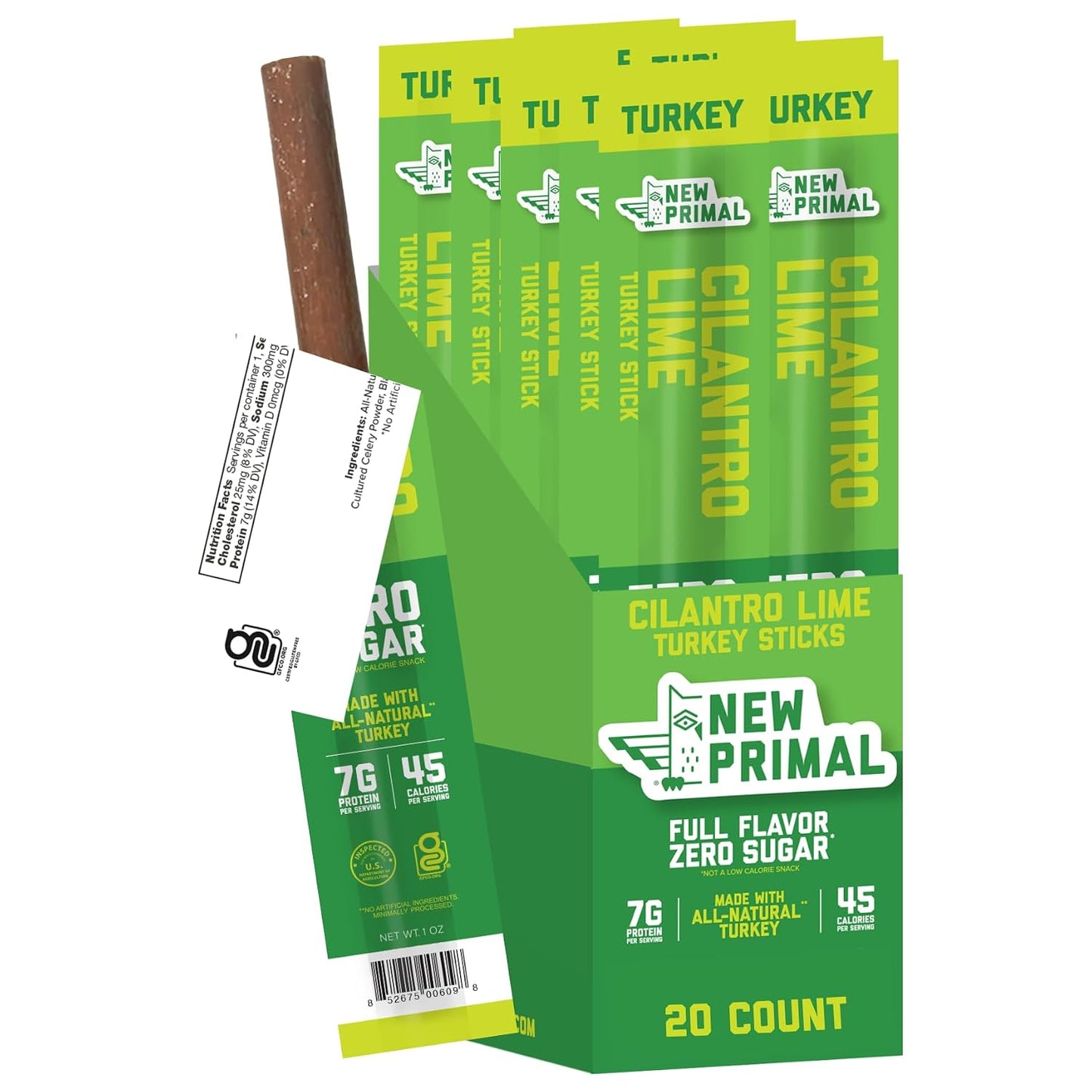 New Primal Lightly Peppered Turkey Sticks, 20 Count, 7g Protein, Keto, Gluten Free, Low Carb