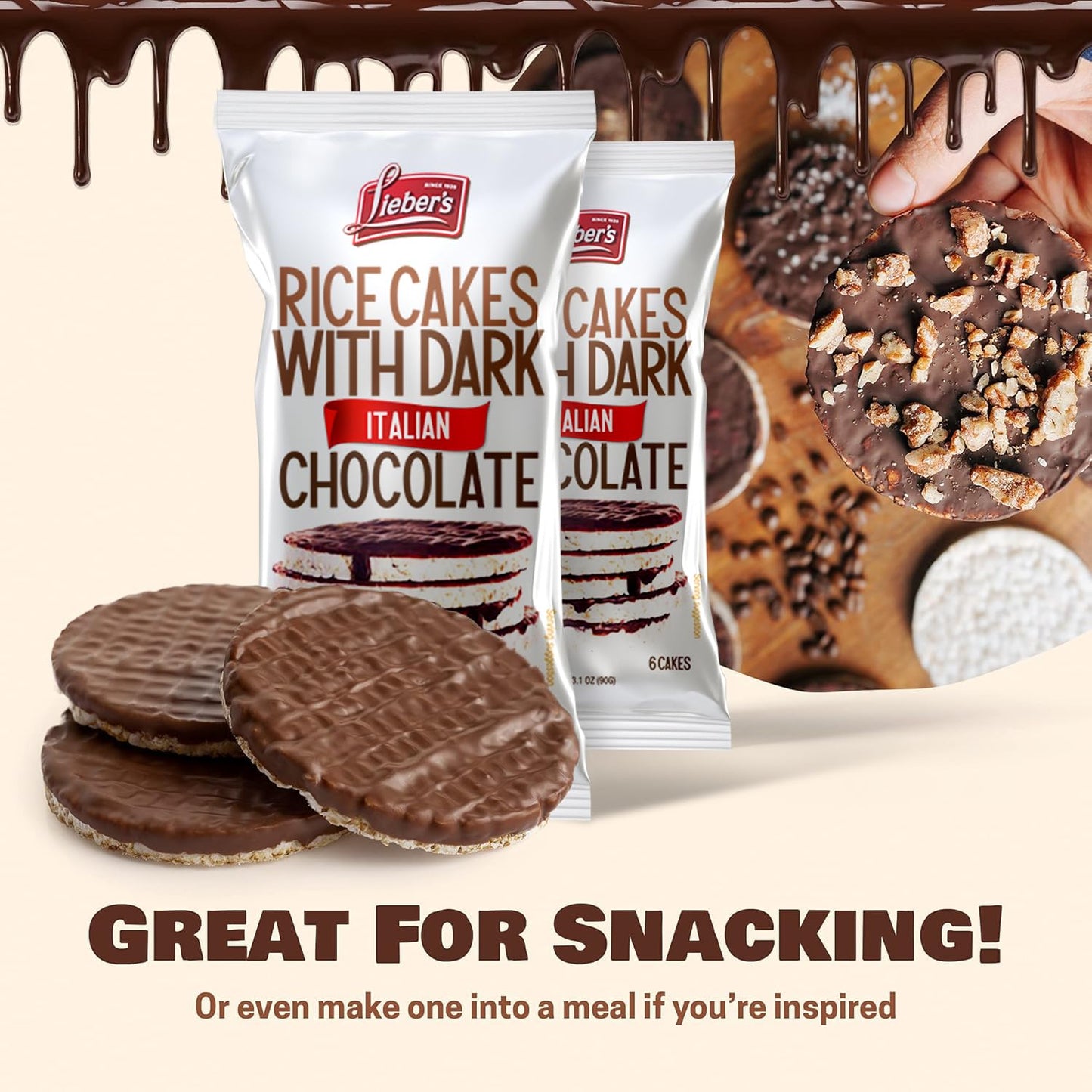Dark Chocolate Rice Cakes, Kosher Certified, Dairy Free, Gluten Free Snack Pack Of 3