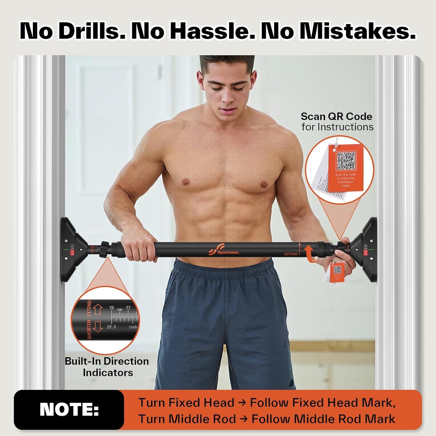 Sportneer Adjustable Pull Up Bar: 29.5-37 Doorway Chin Up Bar, 440lb Capacity