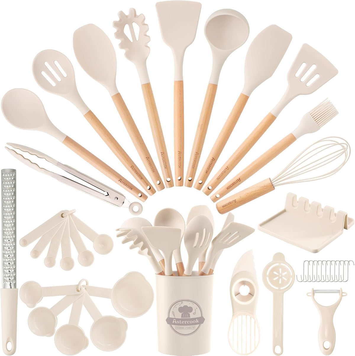 Astercook Kitchen Utensils set, 39 PCS Silicone Cooking Utensils Set with Wooden Handle, 446°F Heat Resistant Food Grade Utensil Sets, BPA Free Kitchen Gadgets Tools Set for Nonstick Cookware (Cream)