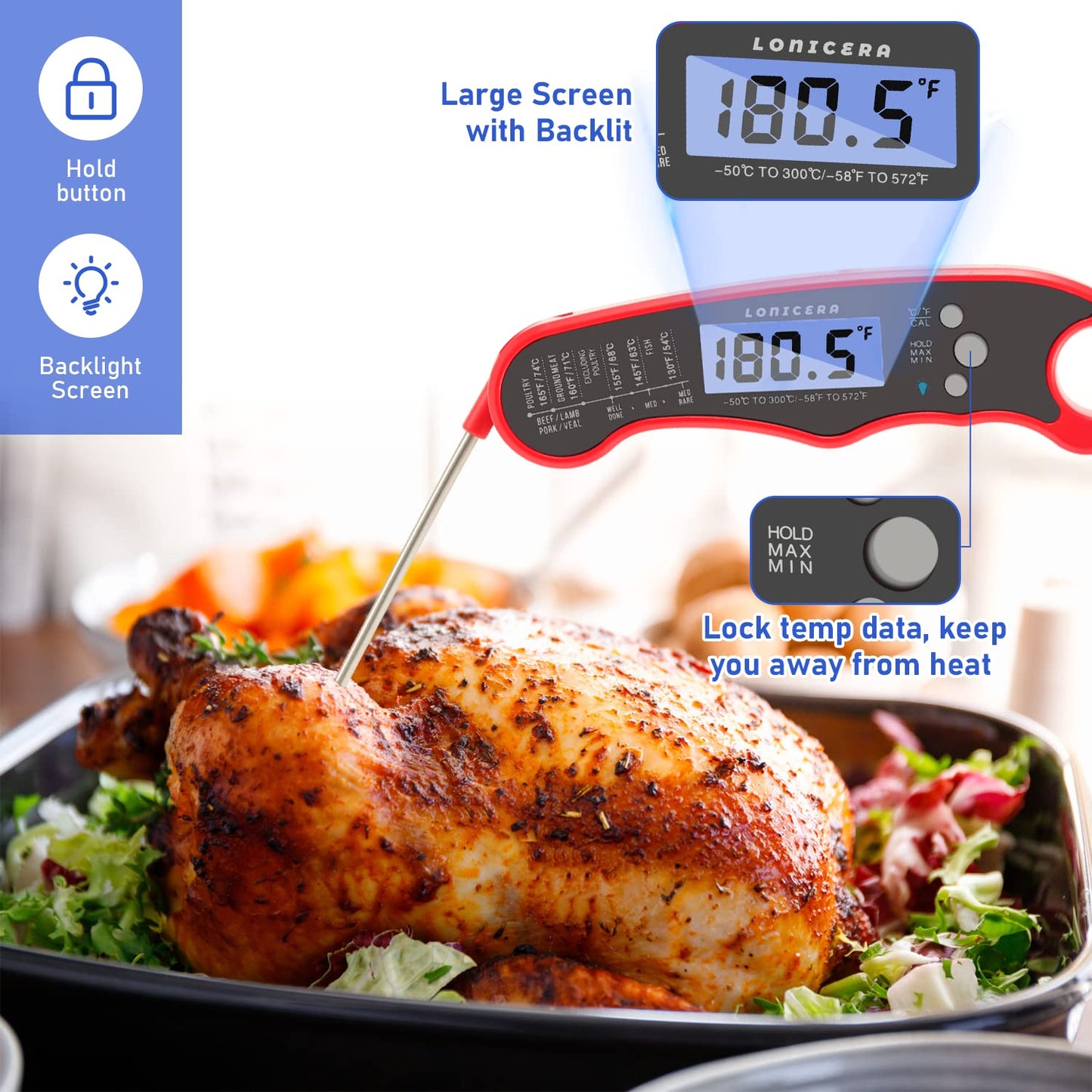 LONICERA Digital Meat Thermometer, Instant Read, Foldable Probe, Red | IP66 waterproof design, backlit display, calibration function, for meat, baking and grilling