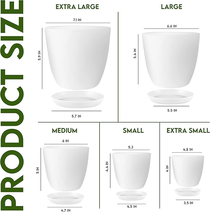 Utopia Home Plant Pots Indoor with Drainage Holes – Set of 5 White Plastic Flower Pots (7/6.6/6/5.3/4.8 Inch) – Modern Planters for Indoor Plants, Room & Office Décor, Great Stocking Stuffers