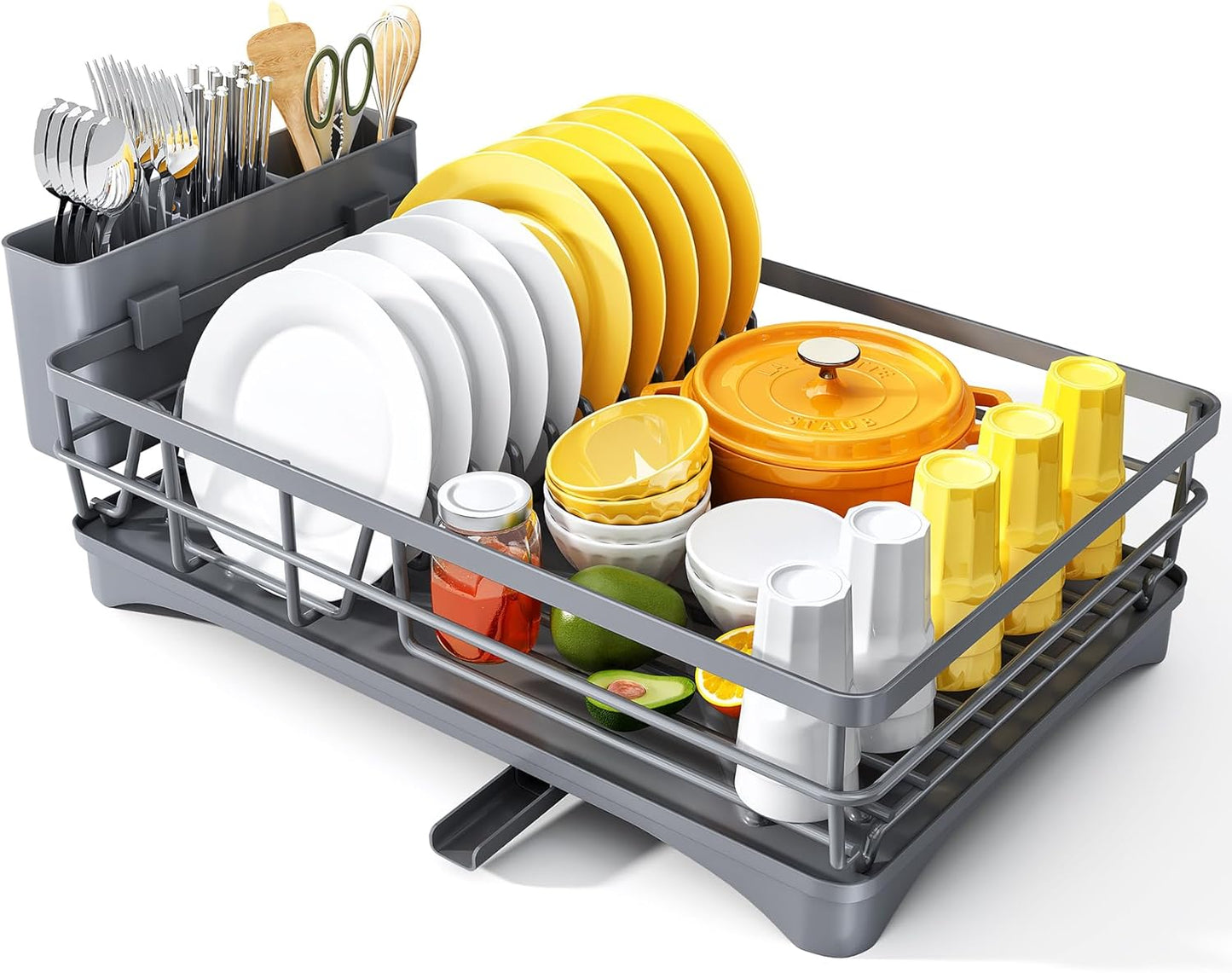 SNTD Dish Drying Rack for Kitchen Counter, 11.8" W x 16.7" L, Black | Rustproof Stainless Steel, Large Capacity, Angled Drainboard for Quick Drainage, Rotating Spout, Removable Utensil Holder