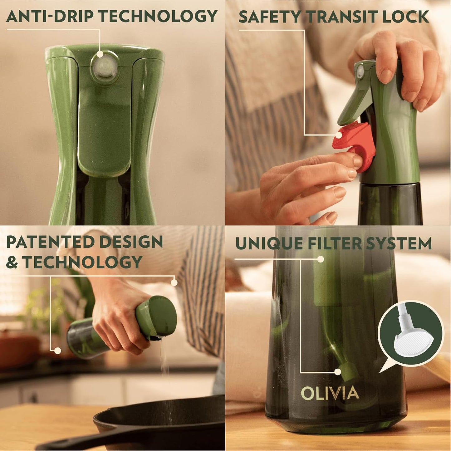 FLAIROSOL OLIVIA SIGNATURE Oil Sprayer for Cooking, 200ml Glass, Green/Gold | Portion control mist for air fryer, salad, BBQ, refillable & reusable, fine mist olive oil kitchen sprayer, anti-drip
