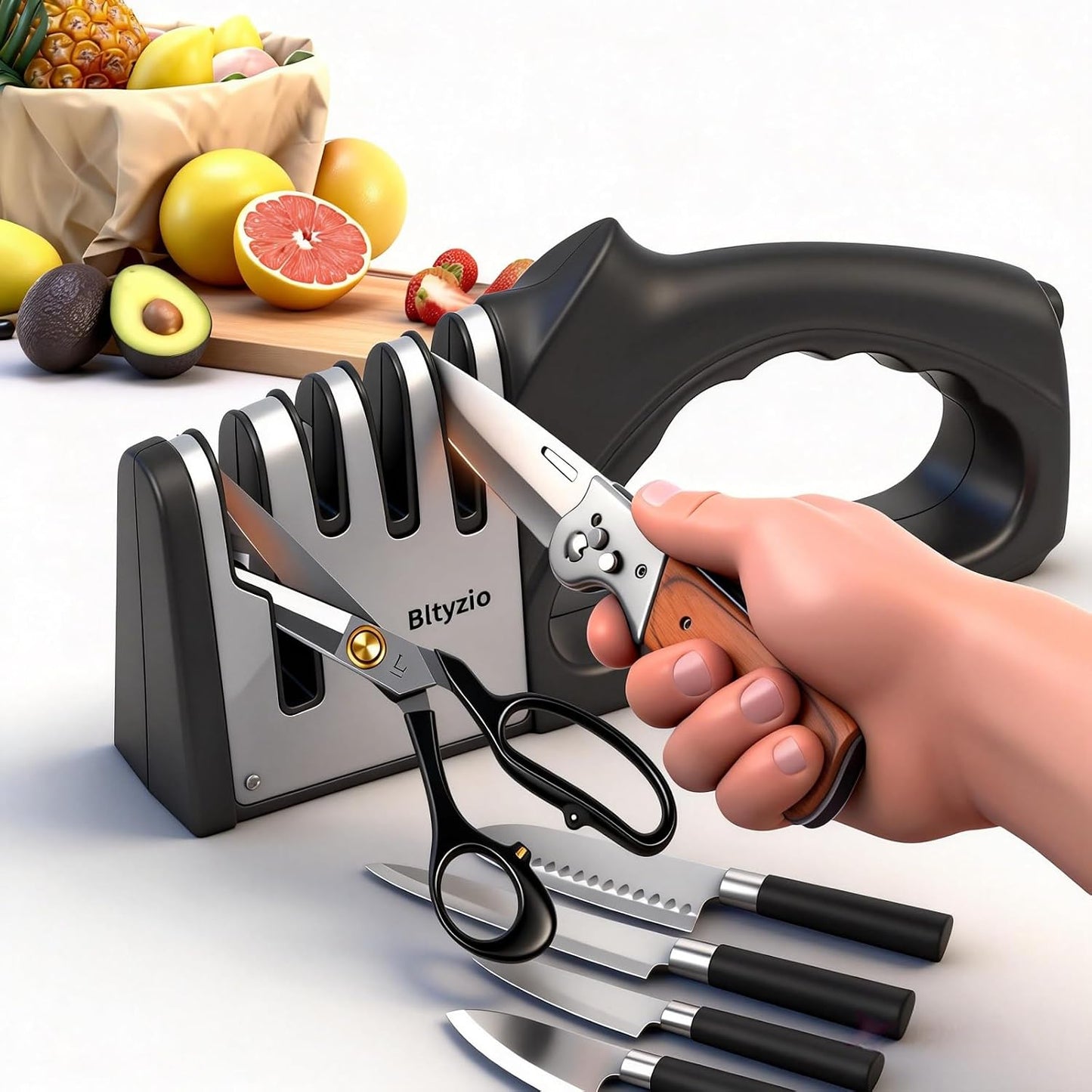 4-In-1 Manual Knife Sharpener for Kitchen Knives & Scissors, Professional Pull-Through Knife Sharpener with Tungsten Steel & Ceramic Slots, Non-Slip Base, Easy to Use for Chef Knives & Kitchen Knives