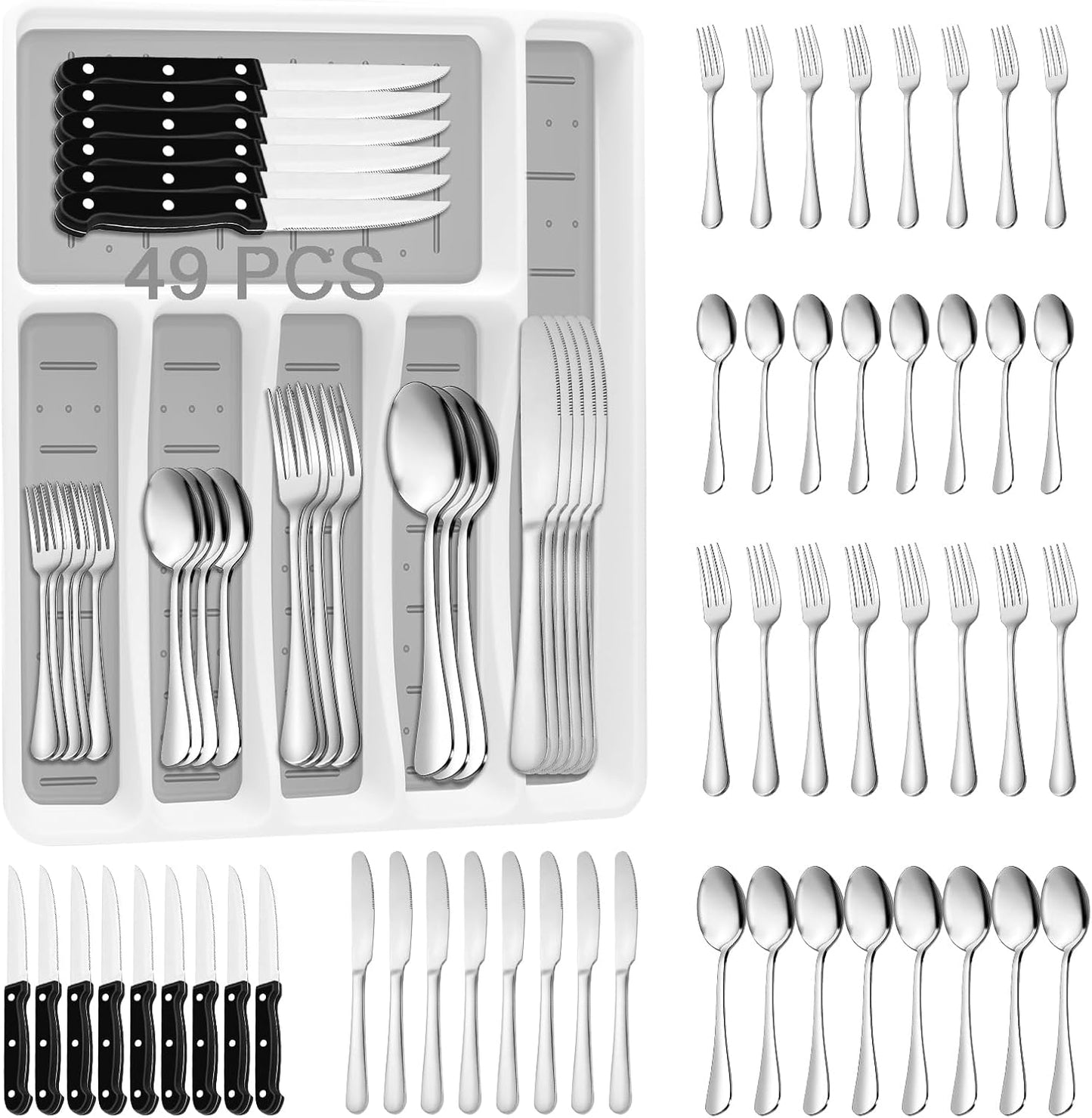 49-Piece Silverware Set with Organizer, Stainless Steel Flatware Utensils Set for 8, Forks and Spoons Silverware Set Cutlery Set with Steak Knives, Dishwasher Safe