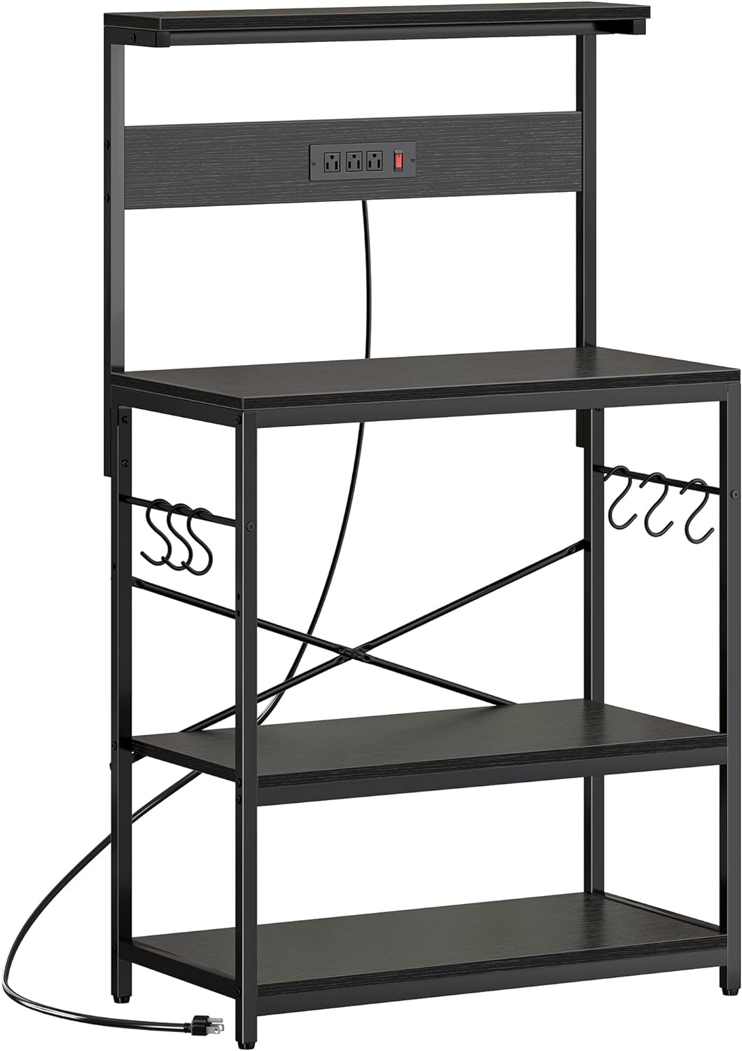 SUPERJARE Kitchen Bakers Rack with Power Outlet, Coffee Bar Table 4 Tiers, Kitchen Microwave Stand with 6 S-shaped Hooks, Storage Shelf Rack for Spices, Pots and Pans - Rustic Brown