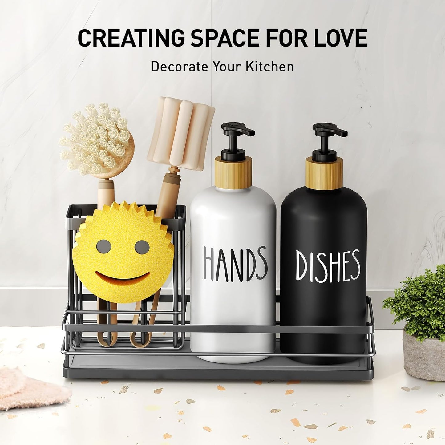 Moforoco Kitchen Dish Soap Dispenser Set, 16OZ Glass Bottle, Hand and Dish Soap Dispenser Set, Instant Dry Tray, Brush Holder with Smiley Face Sponge Holder (Black Tray+Black&White Bottle)