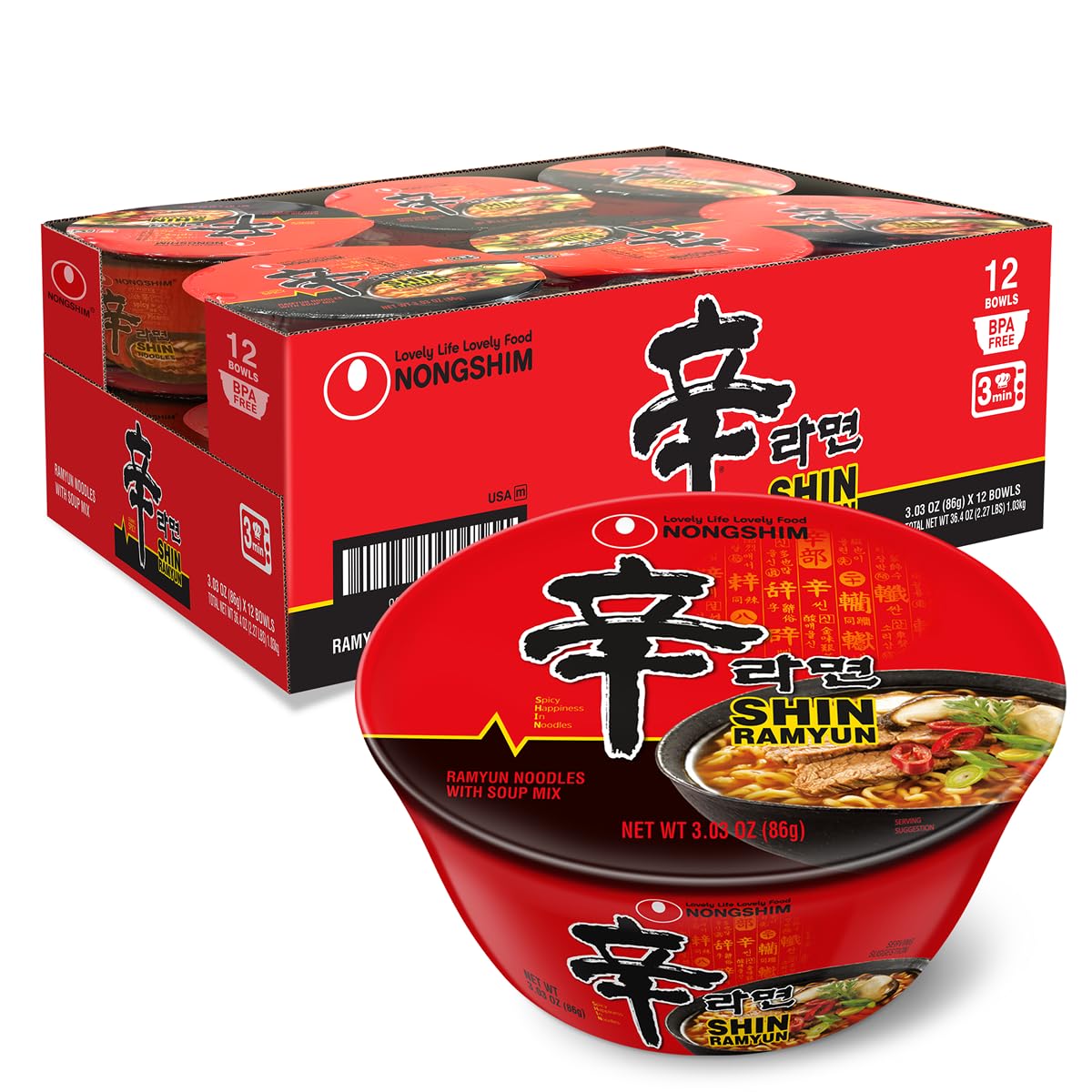 Nongshim Shin Ramyun Bowl Noodles: Spicy Korean Instant Ramen with Rich Beef Broth, Microwaveable