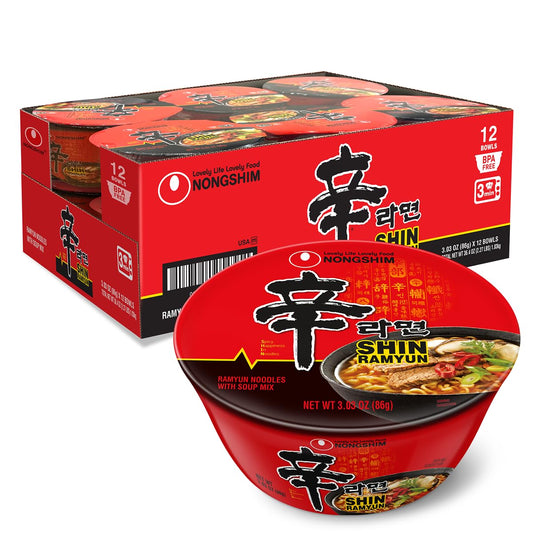 Nongshim Shin Ramyun Bowl Noodles: Spicy Korean Instant Ramen with Rich Beef Broth, Microwaveable