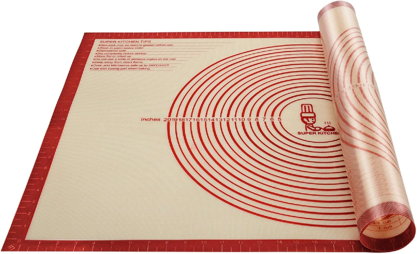 Non-slip Silicone Pastry Mat Extra Large Measurements 28''x 20'' Baking Mat | Silicone Baking Mat Counter Dough Rolling Oven Liner Fondant / Pie Crust Sourdough Bread Supplies - Folksy Super Kitchen Red