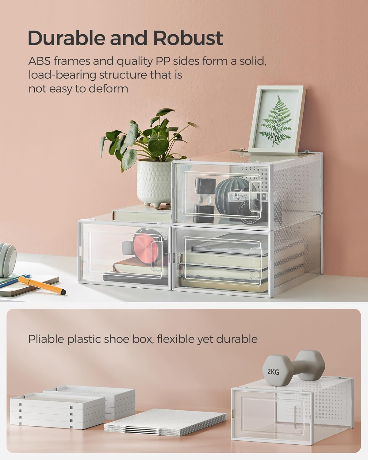 SONGMICS Shoe Boxes, Pack of 12 Shoe Storage Organizers, Stackable Clear Plastic Boxes for Closet, Sneakers, 13.1 x 9.1 x 5.6 Inches, Transparent and White ULSP12SWT