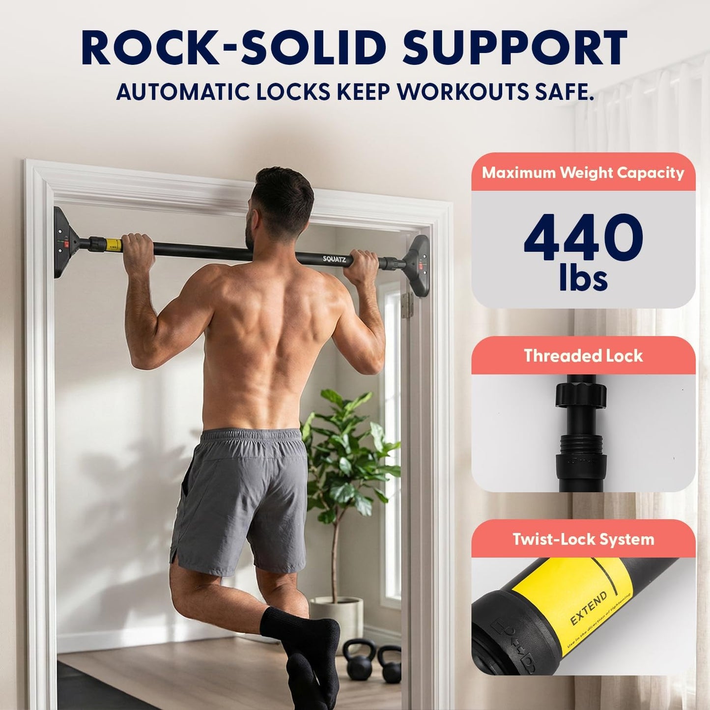 Squatz Adjustable Doorway Pull-Up Bar with Level, Locking Mechanism & Foam Grips