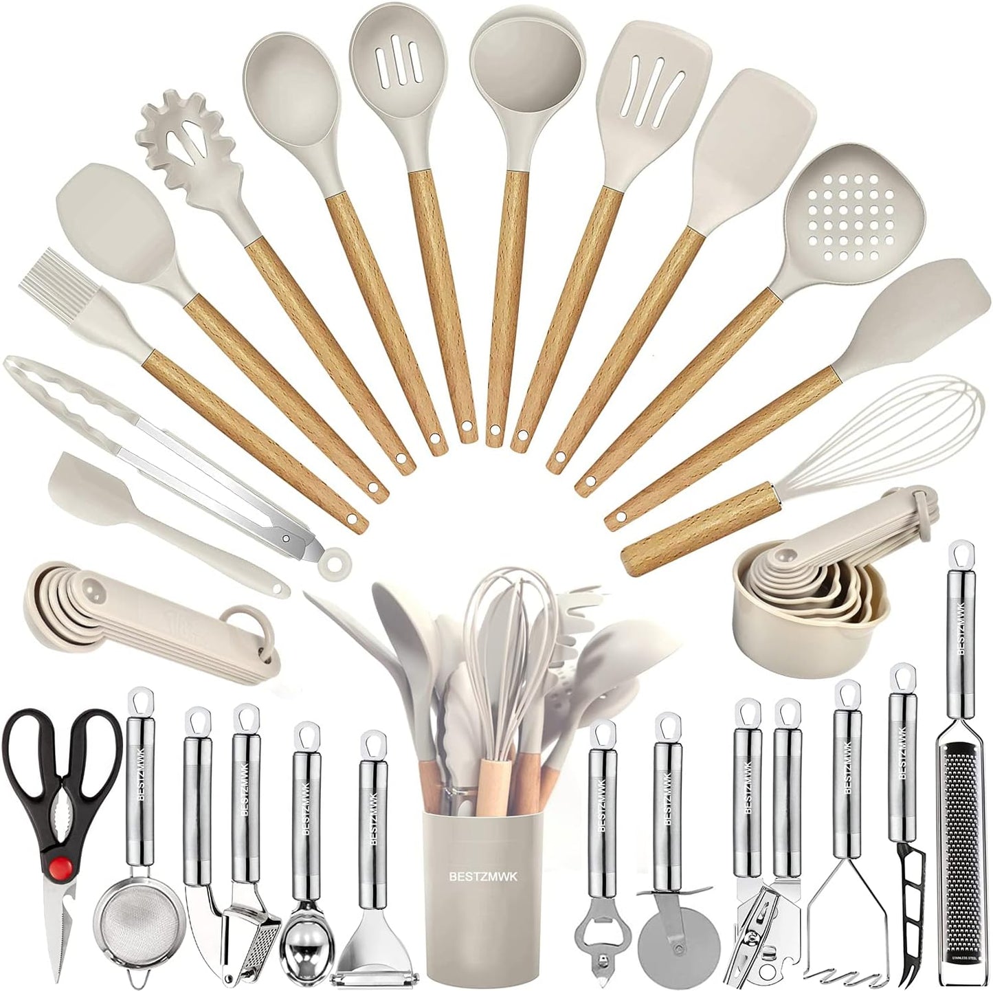 Cooking Utensils Set- 35 PCs Kitchen Utensils with Grater,Tongs, Spoon Spatula &Turner Made of Heat Resistant Food Grade Silicone and Wooden Handles Kitchen Gadgets Tools Set for Nonstick Cookware