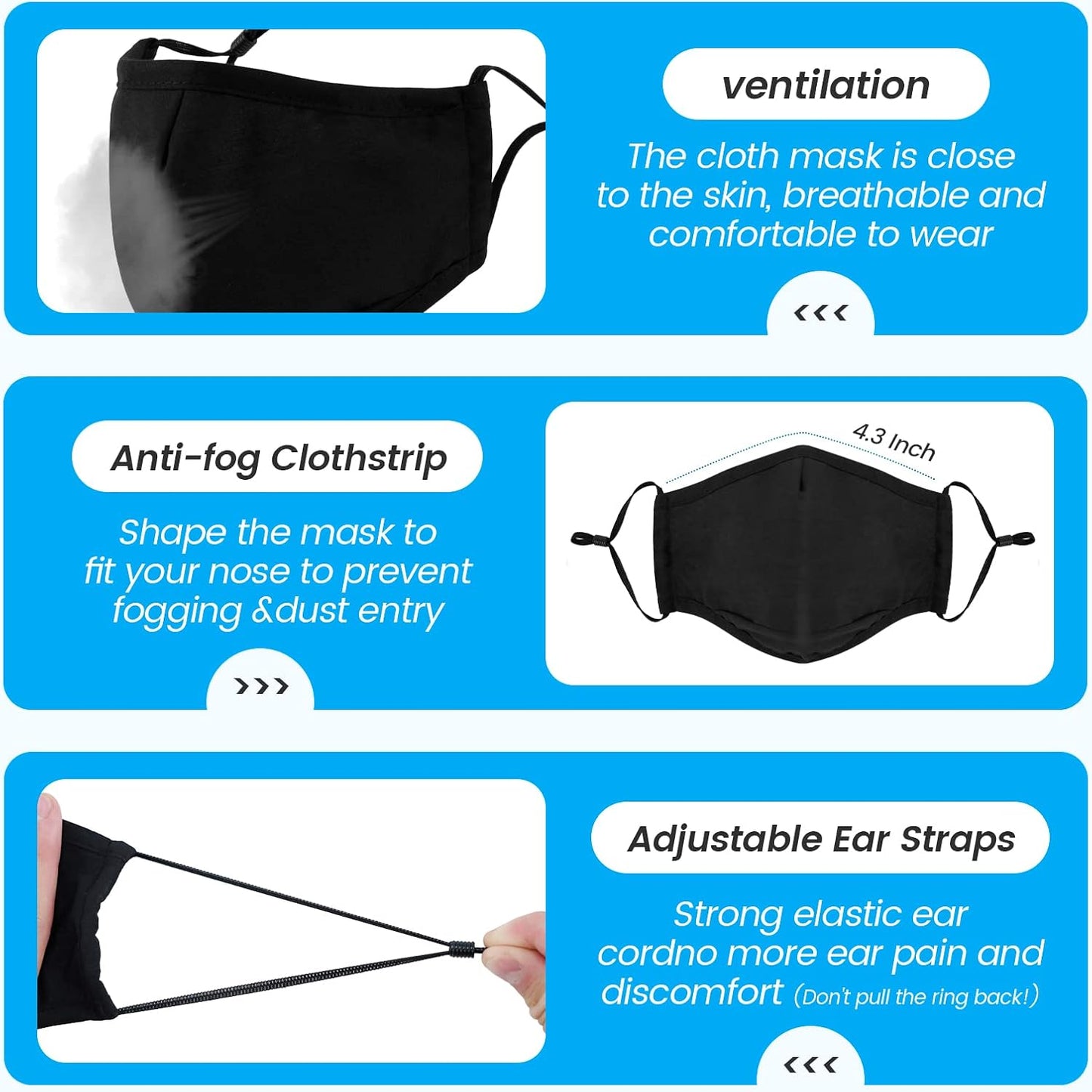 3-Ply Cloth Face Mask 6 Pack, Washable and Reusable Face Covering in Black, Grey, Wine Red, Dark Green, Dark Blue, Brown