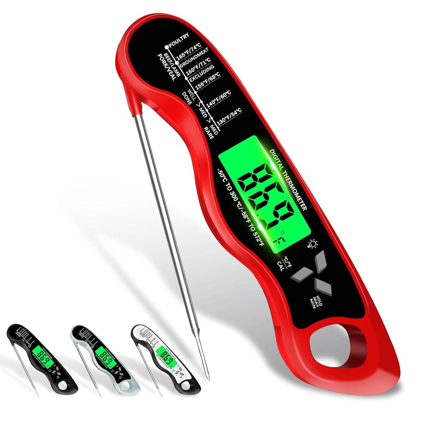 Cooking Thermometer，IP67 Waterproof Meat Thermometer Digital | Backlight，Magnetic attraction，Hold Function，Instant Read，LED screen，for Cooking,Outdoor Grilling