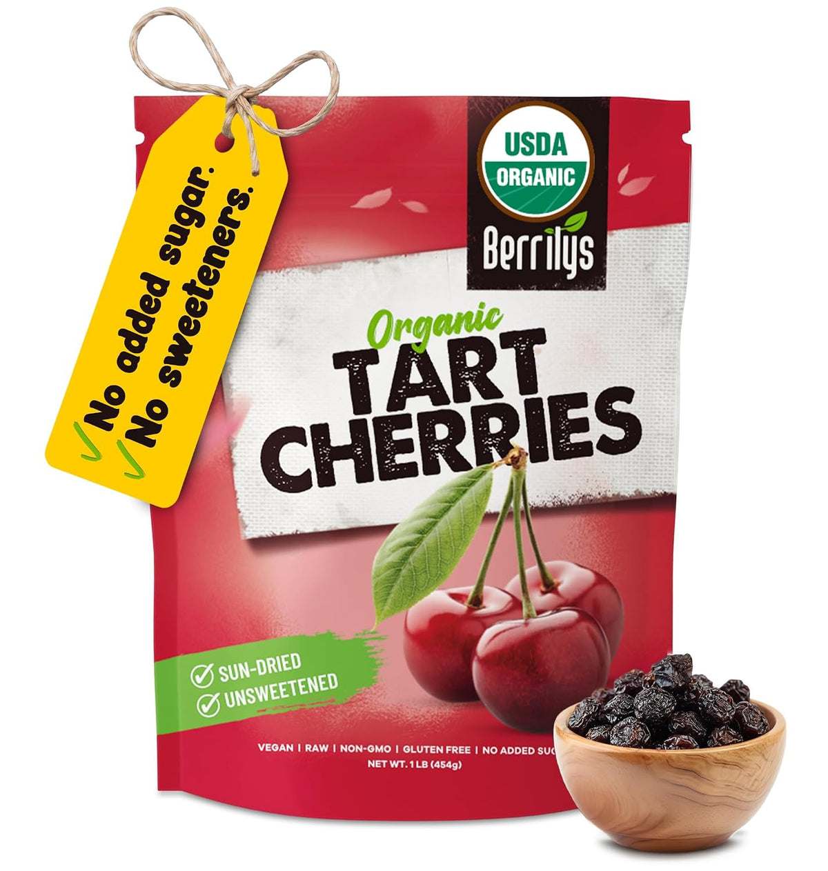 Berrilys Organic Dried Tart Cherries, 1 lb, Pitted, Non-GMO, Kosher, Unsulfured, No Added Sugar