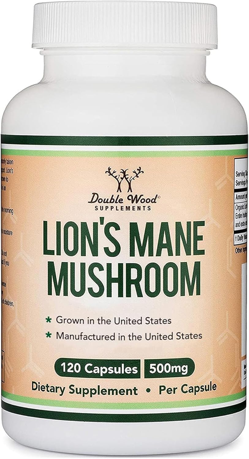 Organic Lions Mane Mushroom Capsules (120 Count), for Focus Support and Immune Health, Third Party Tested and Grown in The USA - by Double Wood