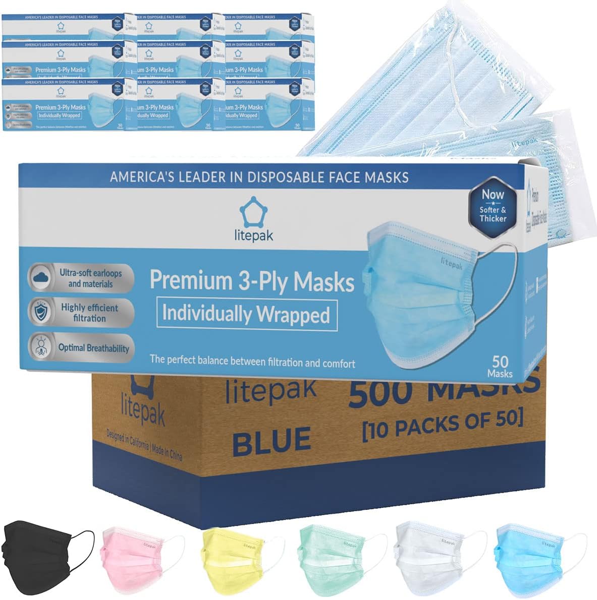 Litepak Premium Disposable Face Mask 500pcs 3ply Soft with Nose Wire