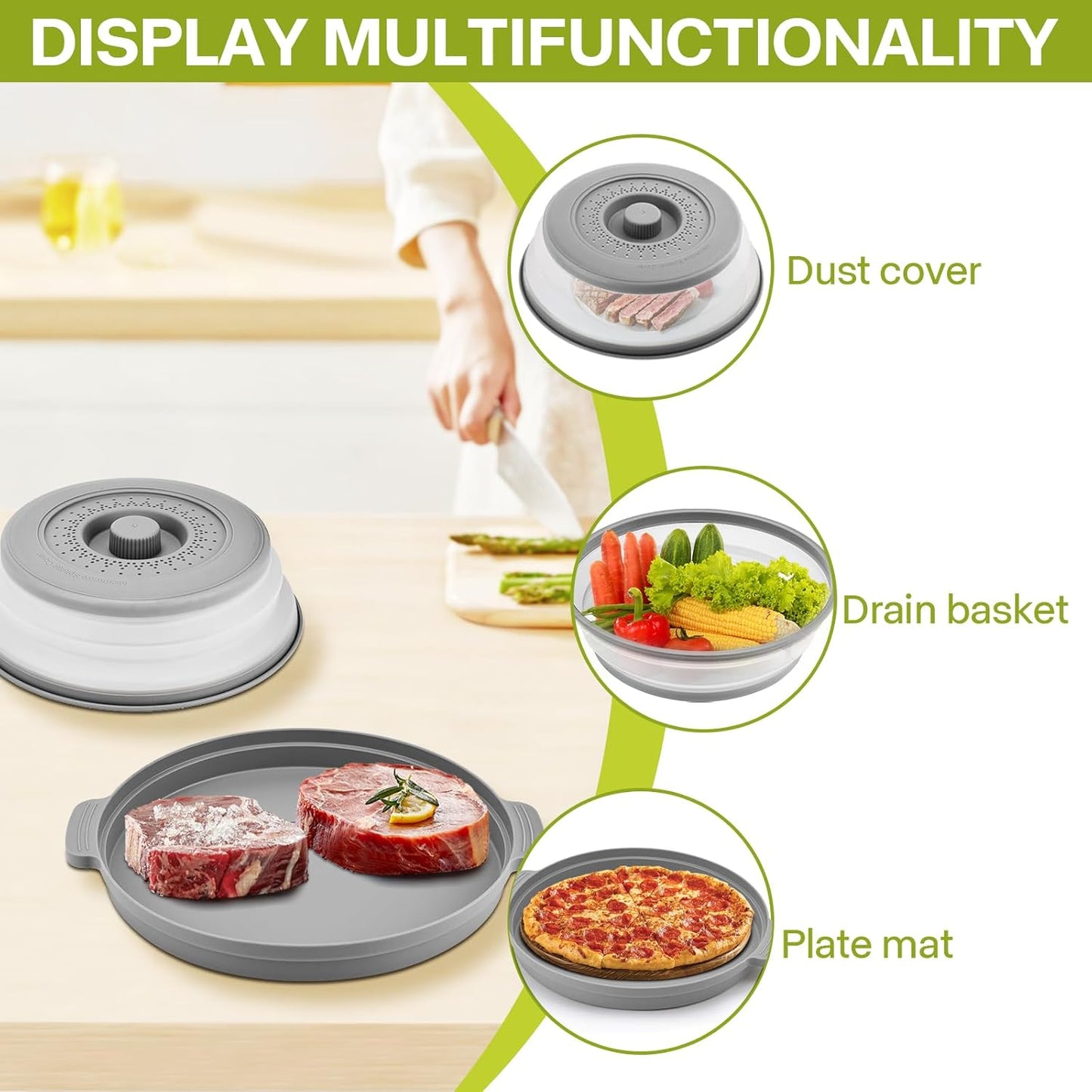 Microwave Splatter Cover for Food with Anti-Scald Base Plate and Handles, Large BPA-Free Silicone Vented Collapsible Guard Lid, Kitchen Essential Gadget for Meal Prep, 10.7 Inch(gray)