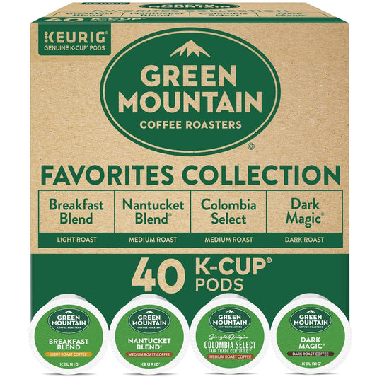 Green Mountain Coffee Roasters Favorites Collection includes 4 boxes of K-Cup pods with light, medium, and dark roasts