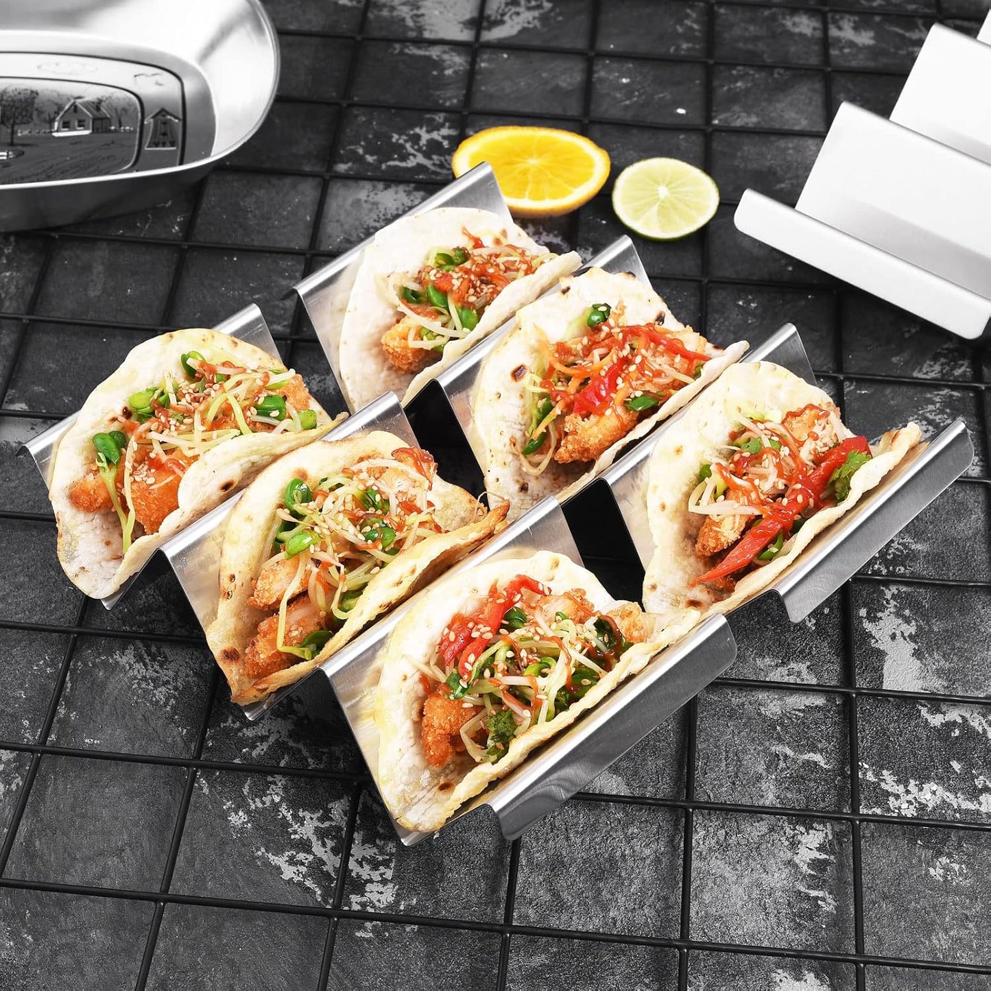 Taco Holders 4 Packs - Stainless Steel Taco Stand Rack Tray Style, Oven Safe for Baking, Dishwasher and Grill Safe