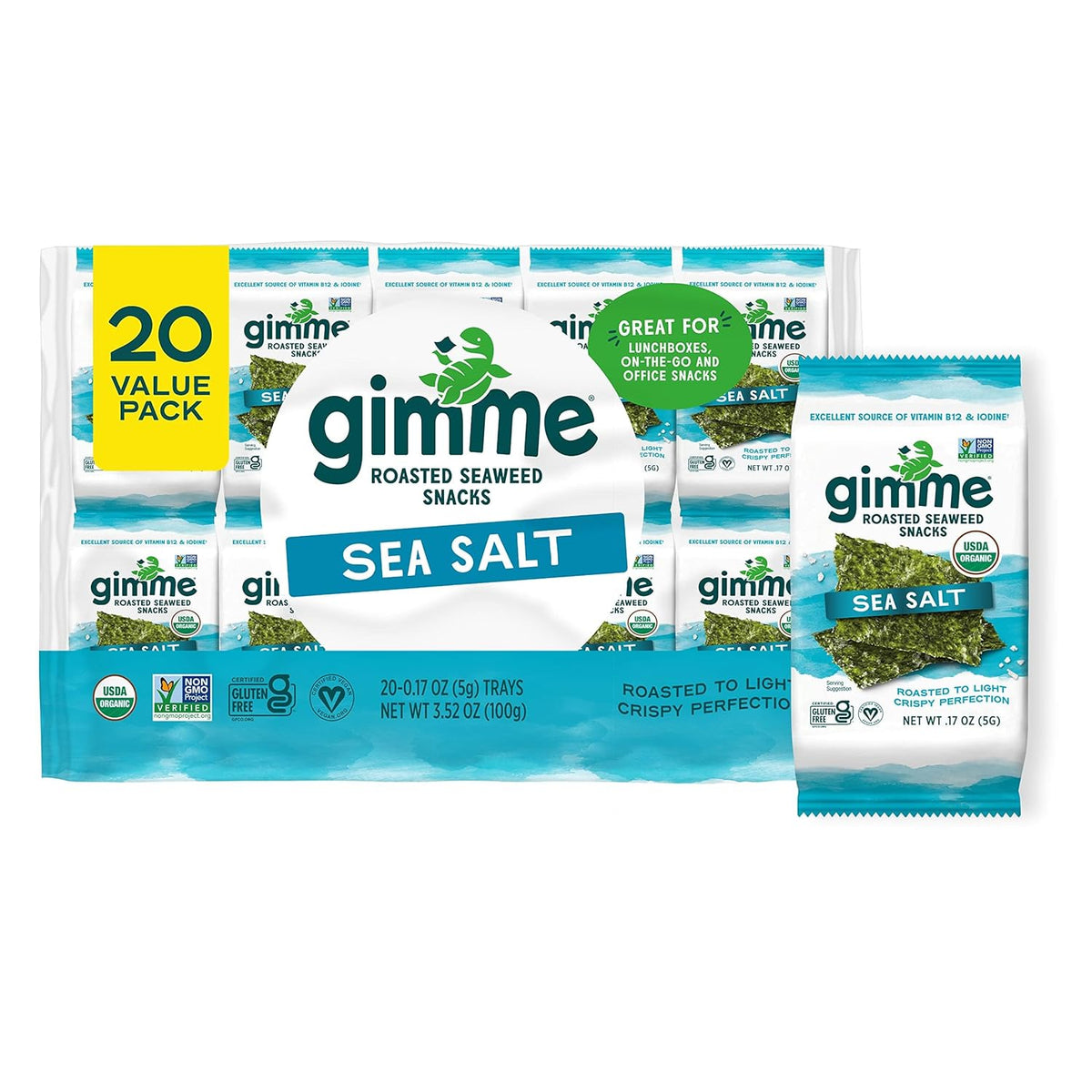 Gimme Organic Premium Roasted Seaweed Snacks, Sea Salt, 20 Count, Keto, Vegan, Gluten-Free
