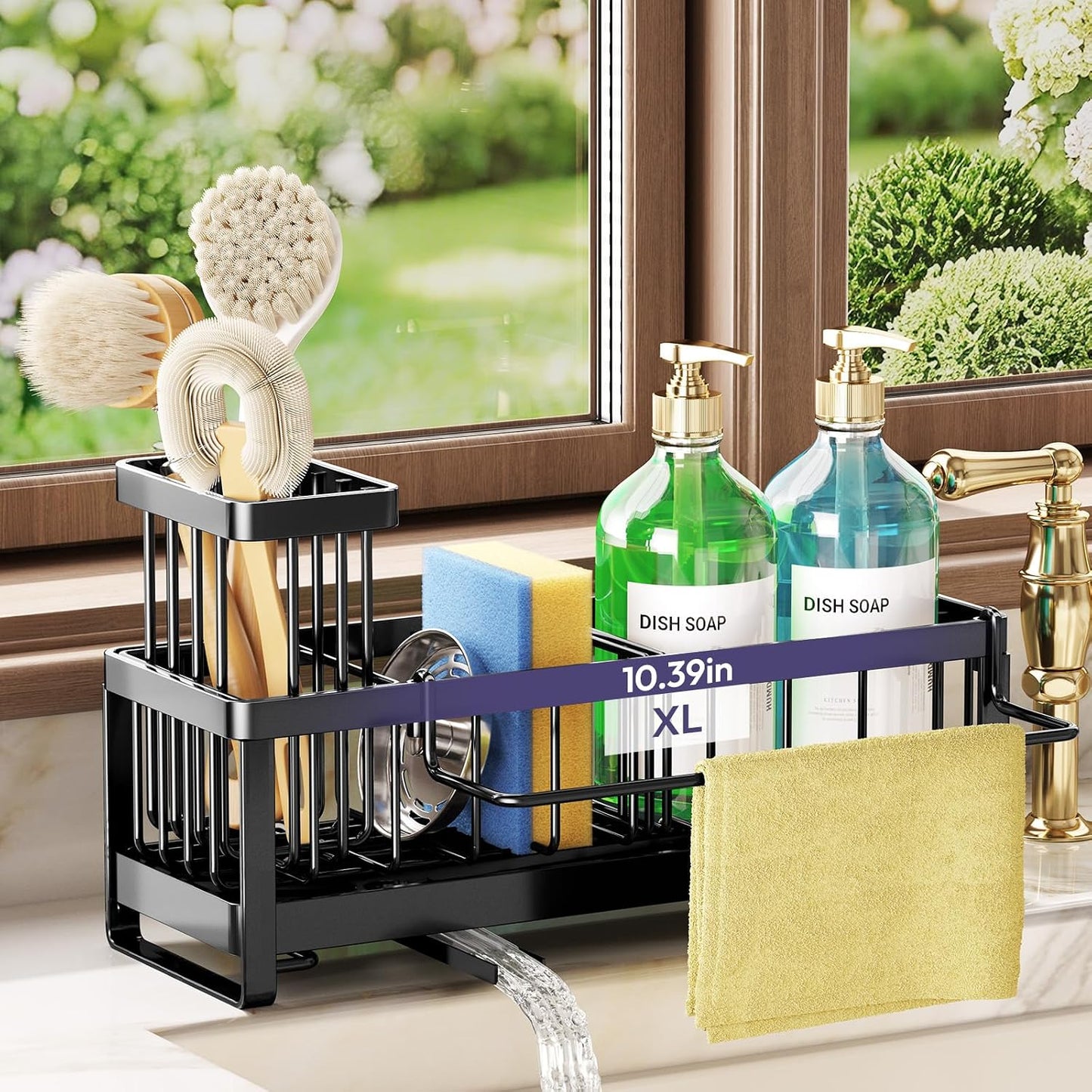 SWTYMIKI Sponge Holder for Kitchen Sink - Sink Caddy with Brush Holder Self-draining Sponge Caddy Organizer with Divider Stainless Steel Kitchen Accessories Storage for Countertop, Black