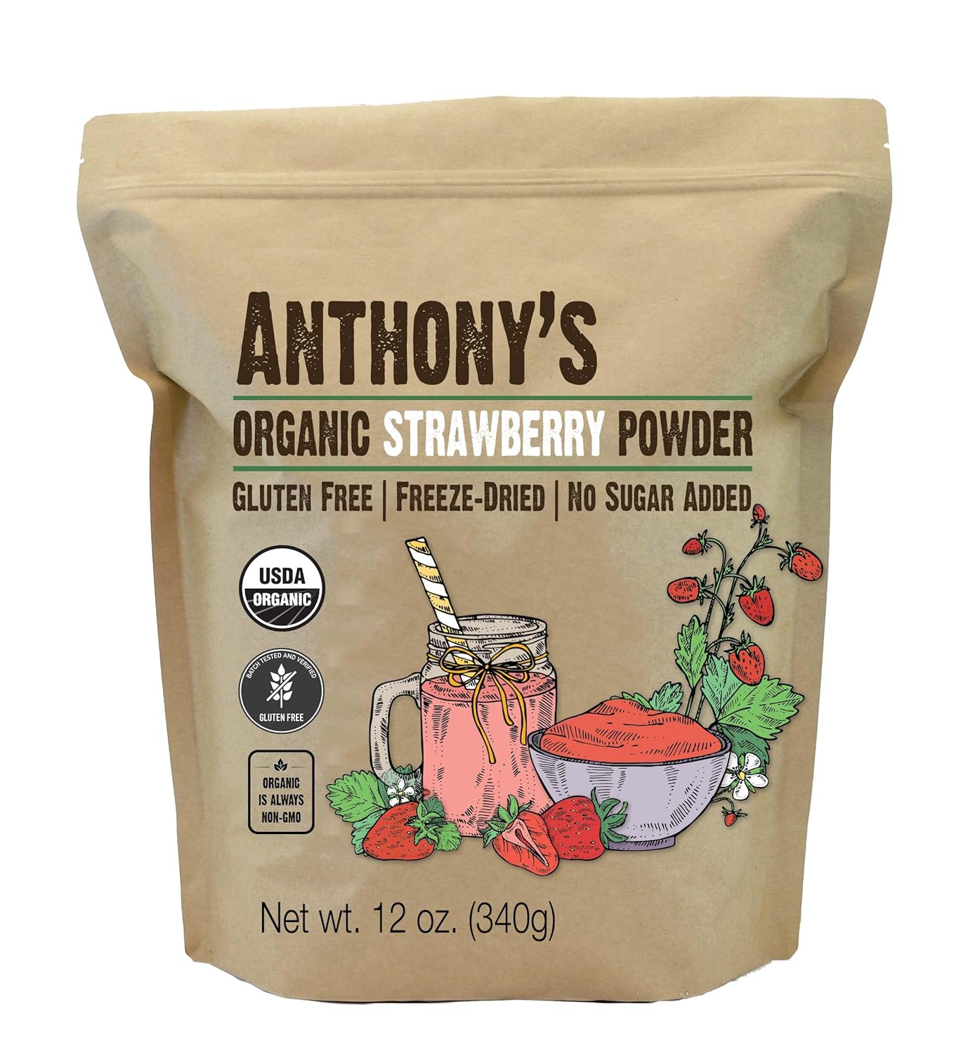 Anthony's Organic Strawberry Powder, 12 oz, Freeze Dried, Gluten Free, Non GMO