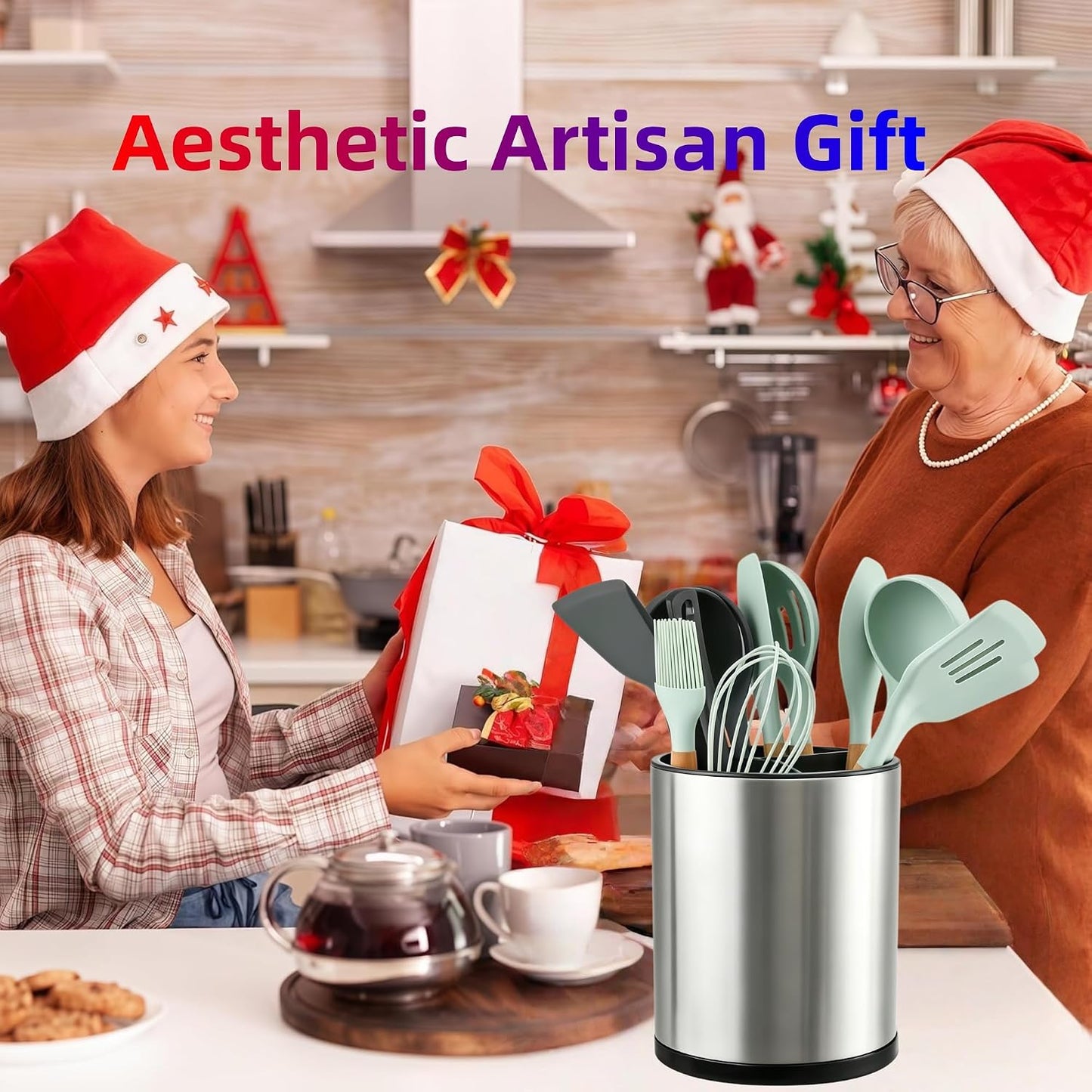 Kitchen Utensil Holder,Extra Large 360°Rotating For Countertop Organizer | Stainless Steel Storage,Hold 40 Utensils,Cooking Silverware Caddy 3 Compartment Spoon Spatula Tool Container（Silvery）