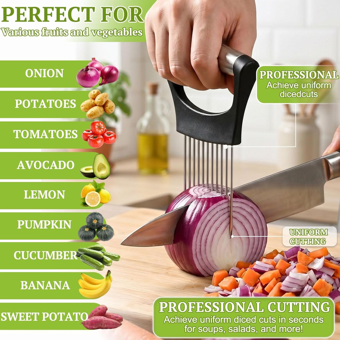 JAYVAR Onion Holder for Slicing, 304 Stainless Steel | 10 Long Needles, Vegetable Chopper, Food Slicing Guide, Multi-Purpose Cutter for Tomato Potato