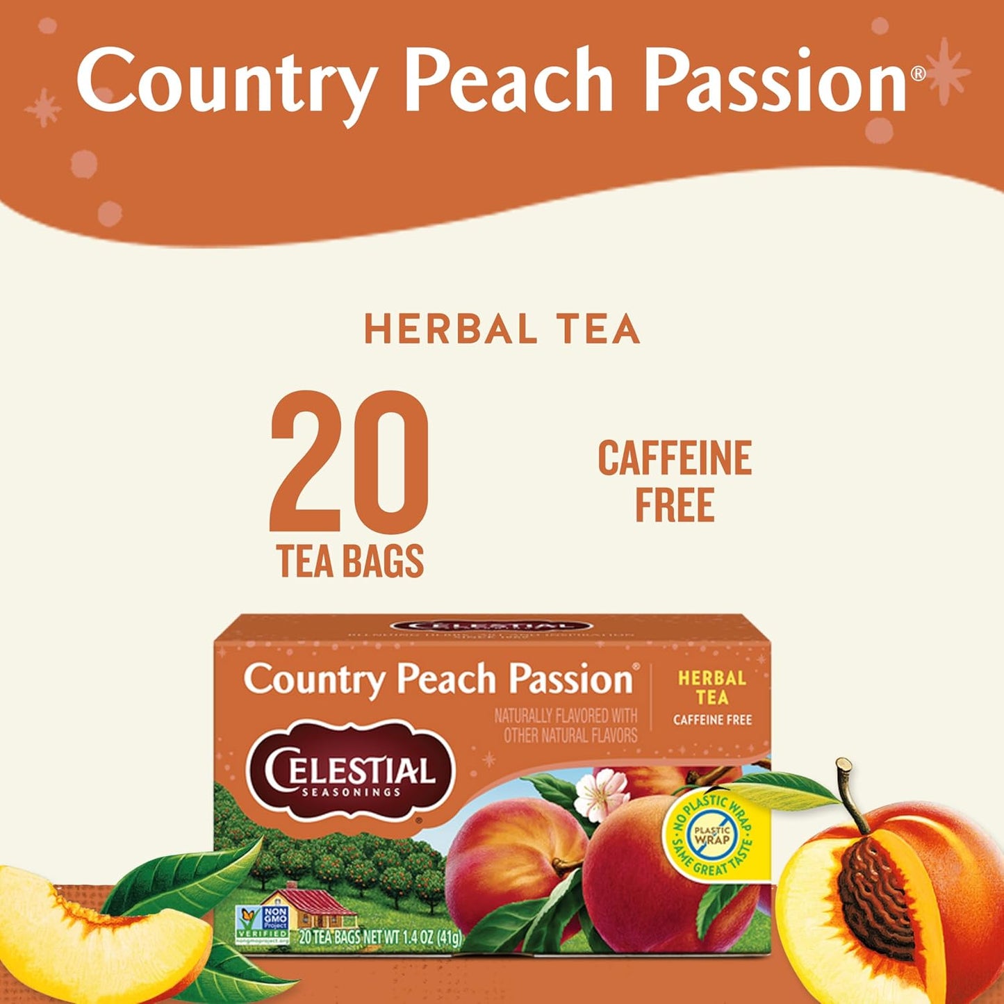 Celestial Seasonings Country Peach Passion Herbal Tea, 20 Tea Bags Box, Pack of 6