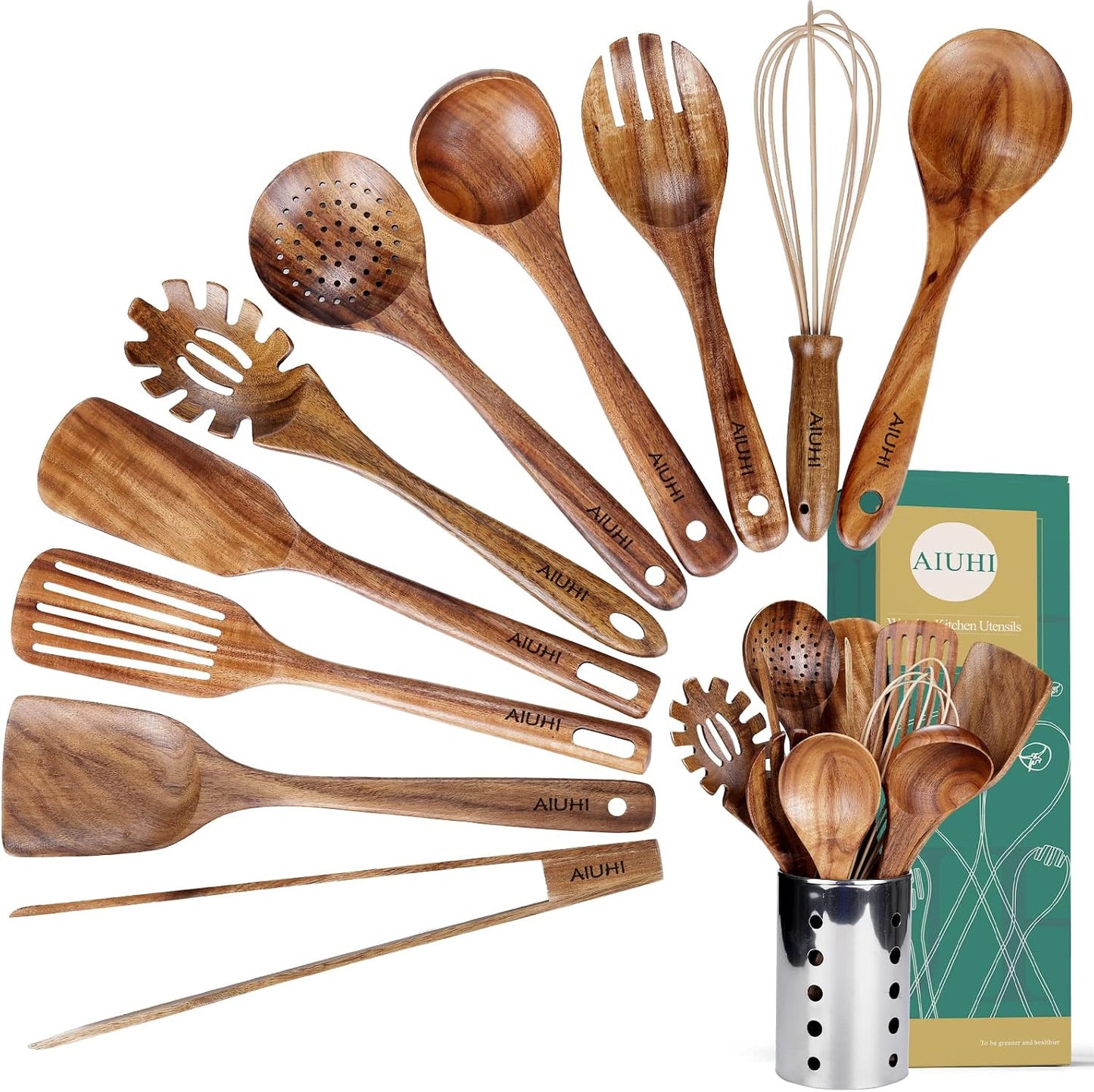 AIUHI 11-Piece Natural Teak Wood Kitchen Utensil Set with Holder, Wooden Spoons and Cooking Utensils for Nonstick Cookware, Includes Spatulas, Ladle and Whisk