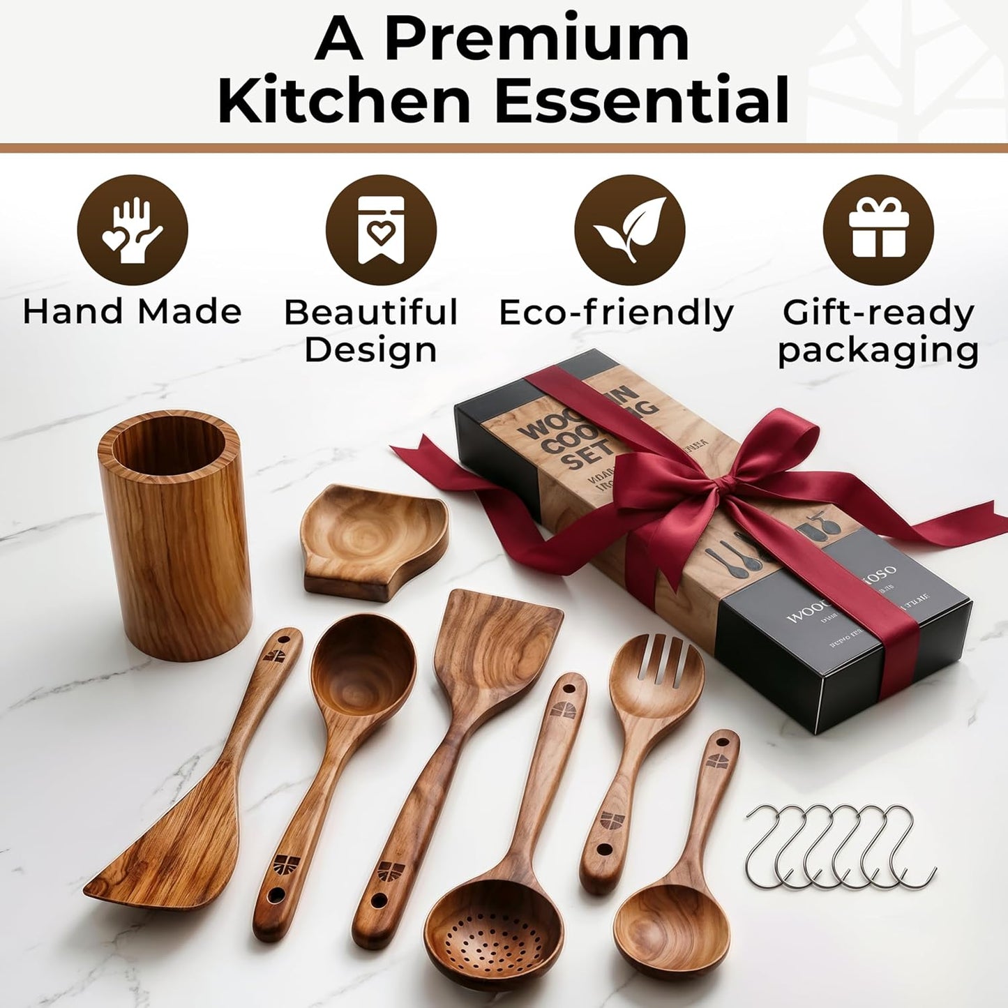 Wooden Utensil Set, 8 Pcs Teak Wooden Spoons for Cooking with Holder | Includes Spatula, Turner, Ladle, Skimmer, Spoon Rest & 6 Hooks – Sturdy, Non-Scratch, Easy to Clean