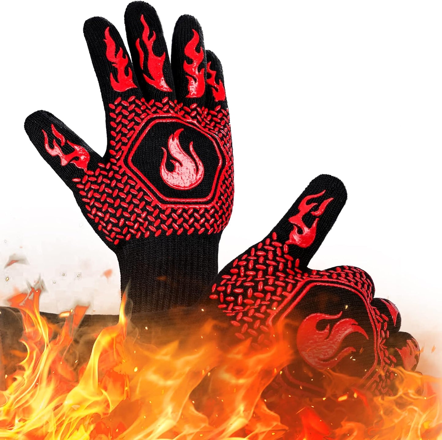 BBQ Gloves 1472F Heat Resistant Non-Slip Silicone 13.8in (Red) | Grill Cut-Resistant, Oven Kitchen Safe for Barbecue, Cooking, Frying, Oven Mitts