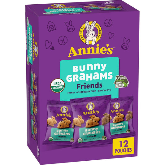 Annie's Organic Friends Bunny Grahams Snacks, Chocolate Chip, Chocolate, and Honey Baked Graham Crackers, 12 Pouches, 12 oz