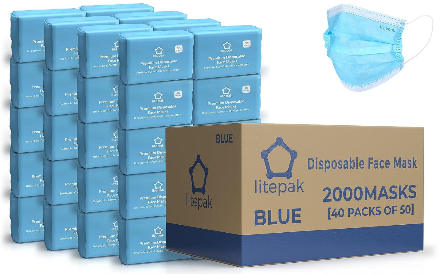 2,000pcs Disposable Face Masks 3 Ply Breathable Blue 40 Packs of 50