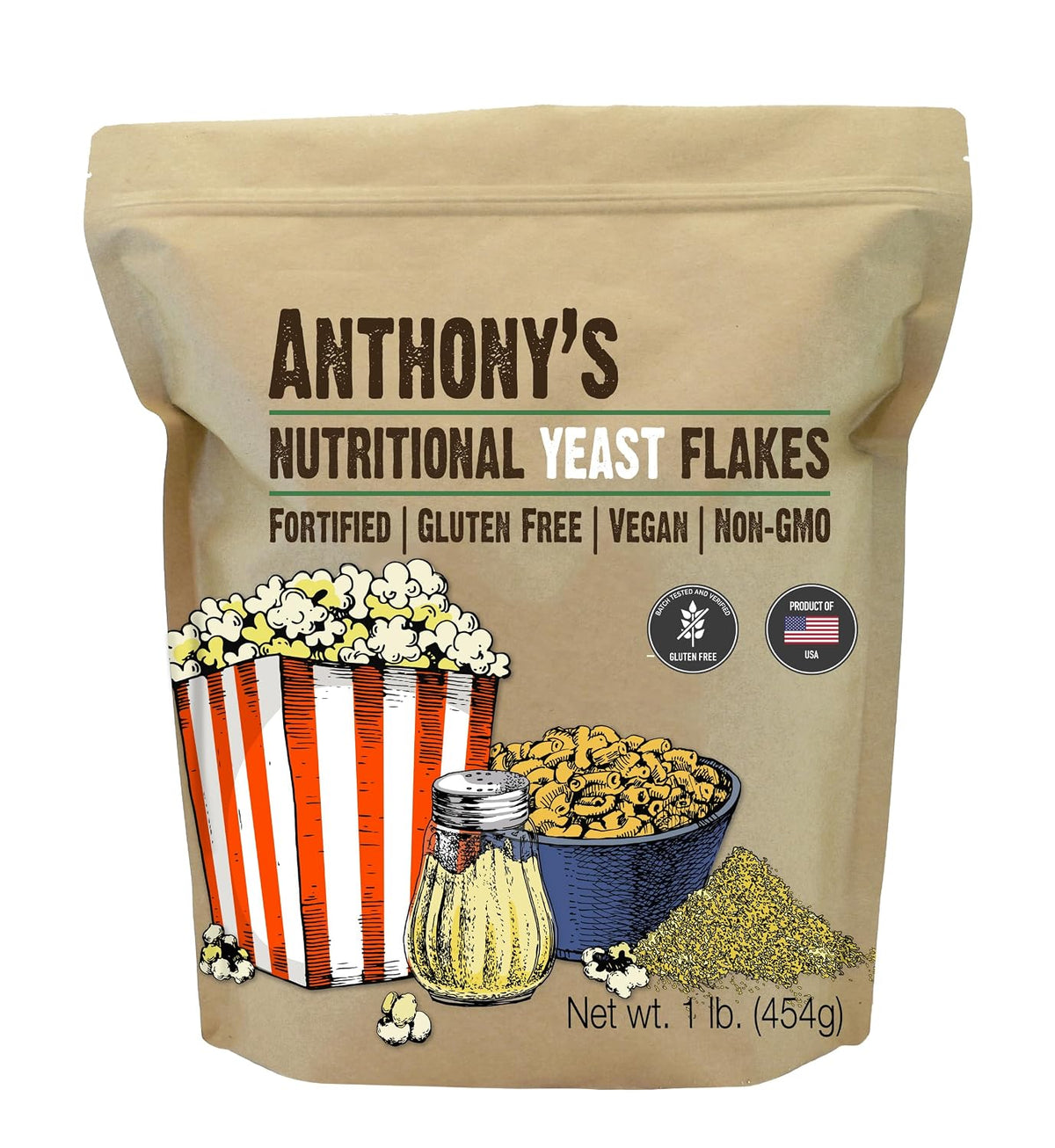 Anthony's Premium Fortified Nutritional Yeast Flakes 1 lb Gluten Free Non GMO Vegan