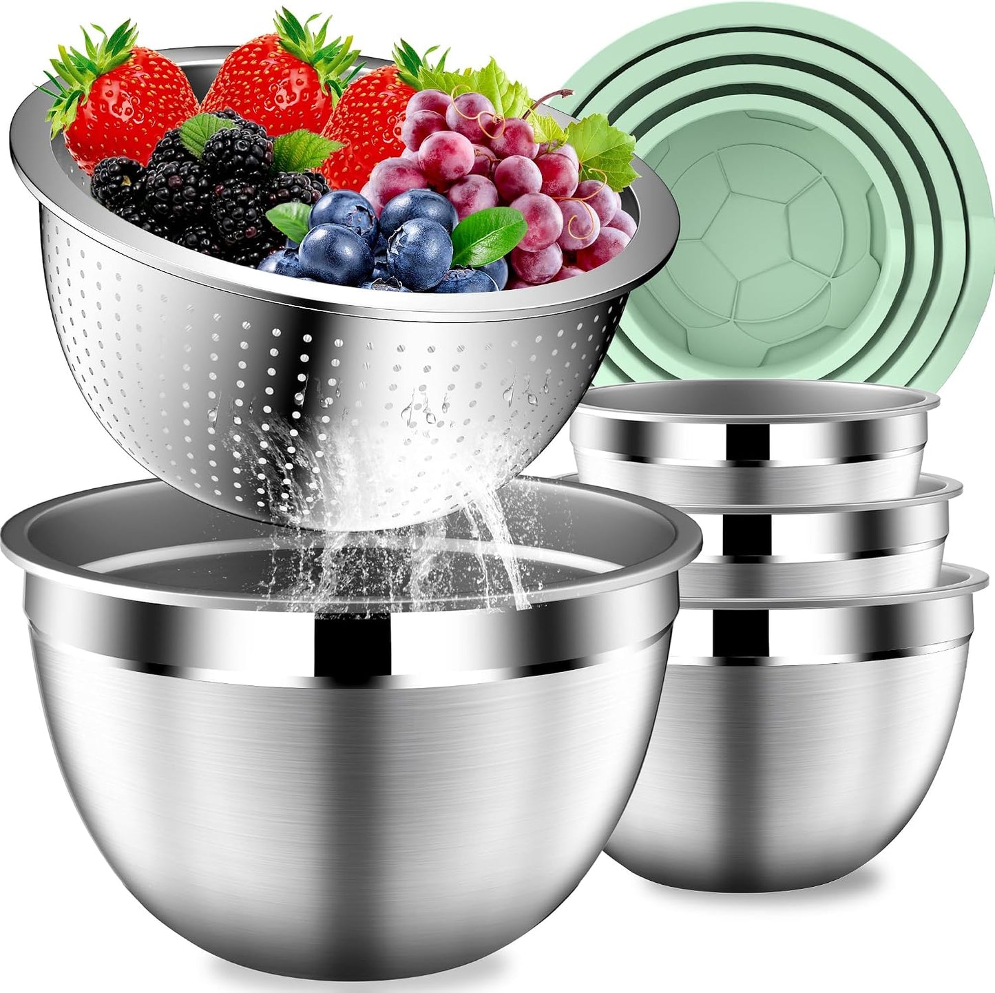 DUTZUN Mixing Bowls with Lids Set, Stainless Steel Mixing Bowls with Colander, Strainer with Mixing Bowl Set, Serving Bowl Kitchen Gift, Size 4.5, 2.5, 2, 1.5QT - Black