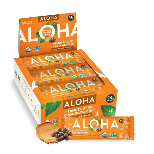 ALOHA Organic peanut butter chocolate chip protein bars, vegan, low sugar, gluten free, paleo, non-gmo, 1.98 oz, pack of 12