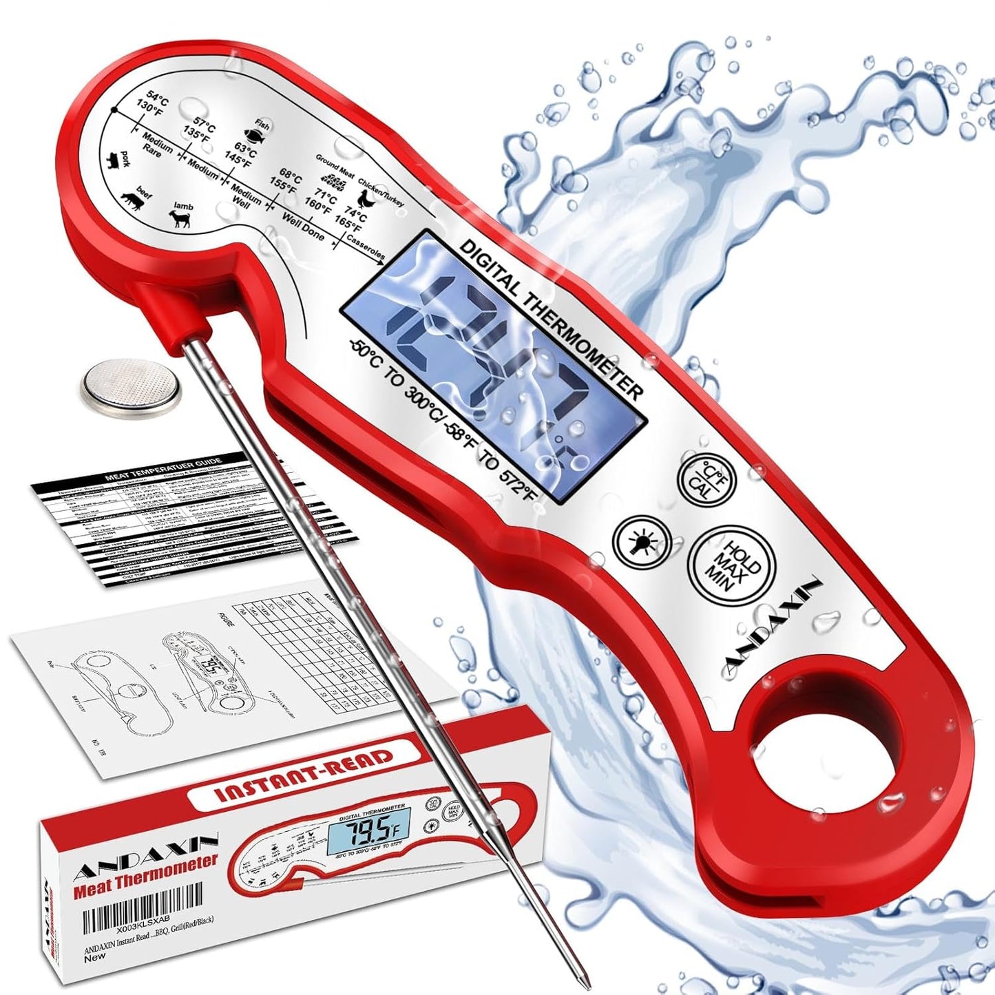 Meat Thermometer Digital for Grilling and Cooking - ANDAXIN Waterproof Ultra-Fast Instant Read Food thermometers with Backlight & Calibration for Kitchen, Deep Fry, BBQ, Grill(Red/Black), LCD